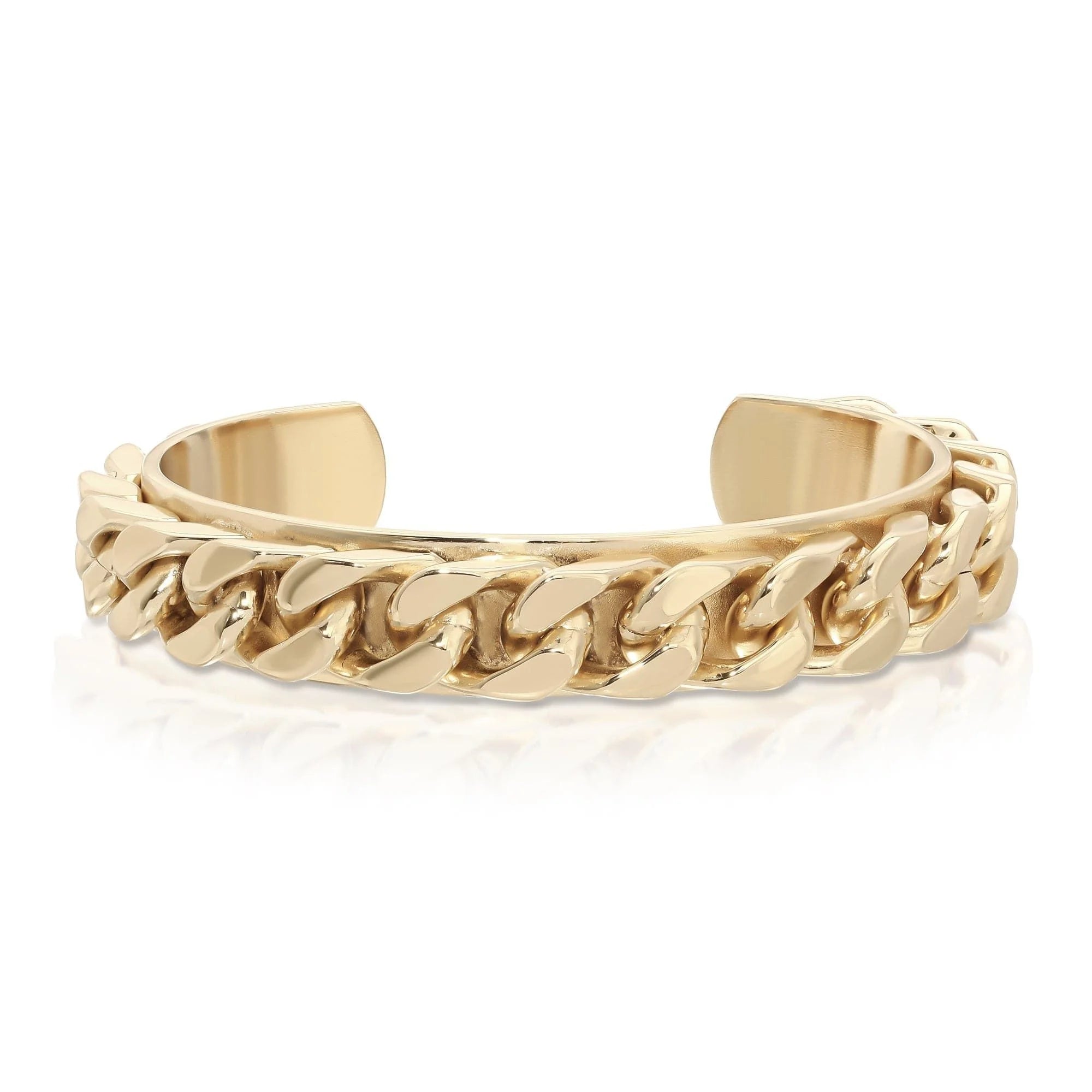Gold chain-link cuff bracelet with recycled brass finishes and 14k gold plating