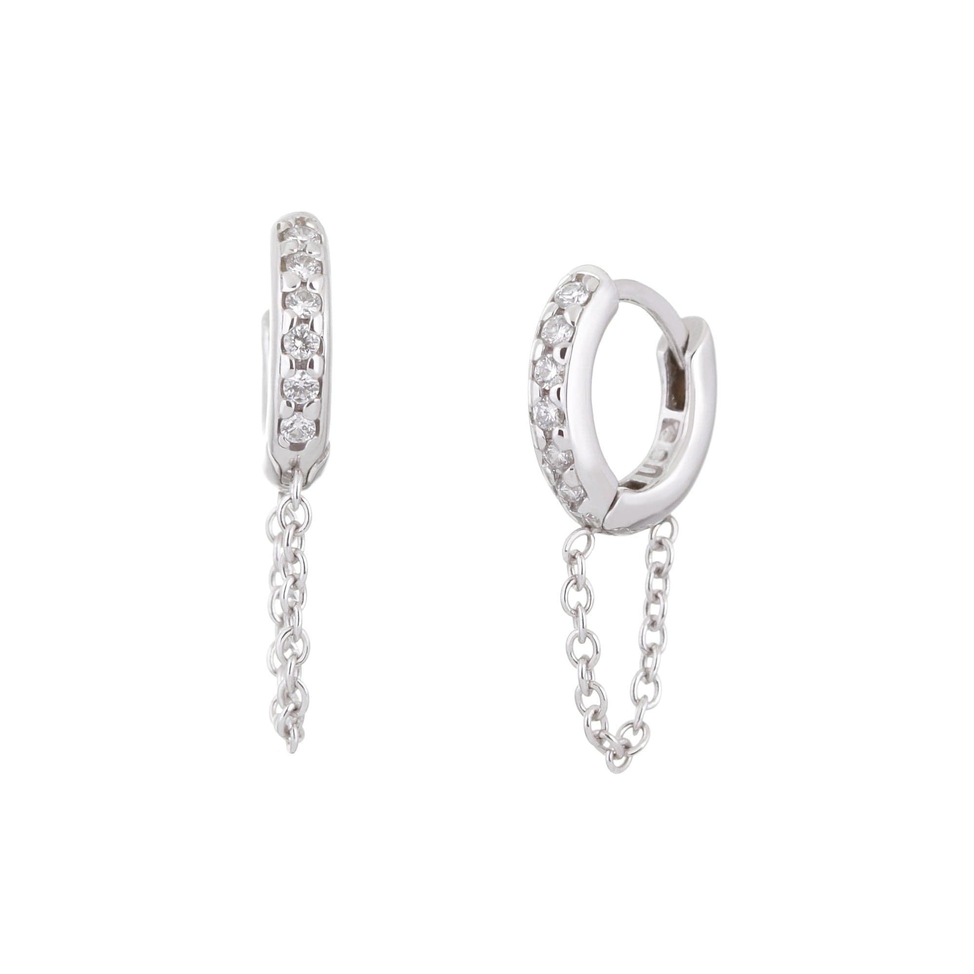 Silver hoop earrings with chain from 12.5mm Diamond and White 14K Gold Huggies