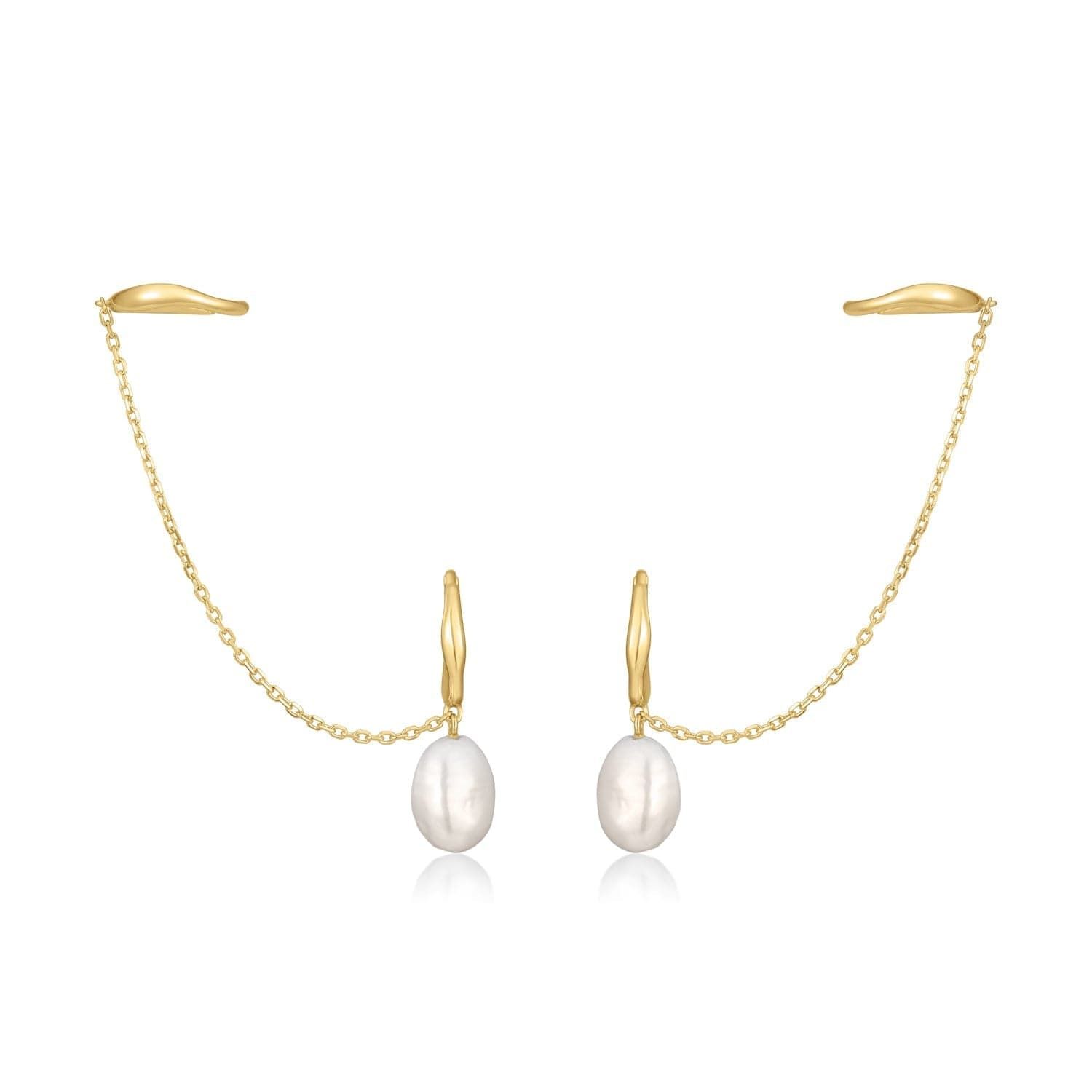 Gold chain and pearl earrings from 14K Earcuff & Pearl Drop Huggie Hoop Earrings collection
