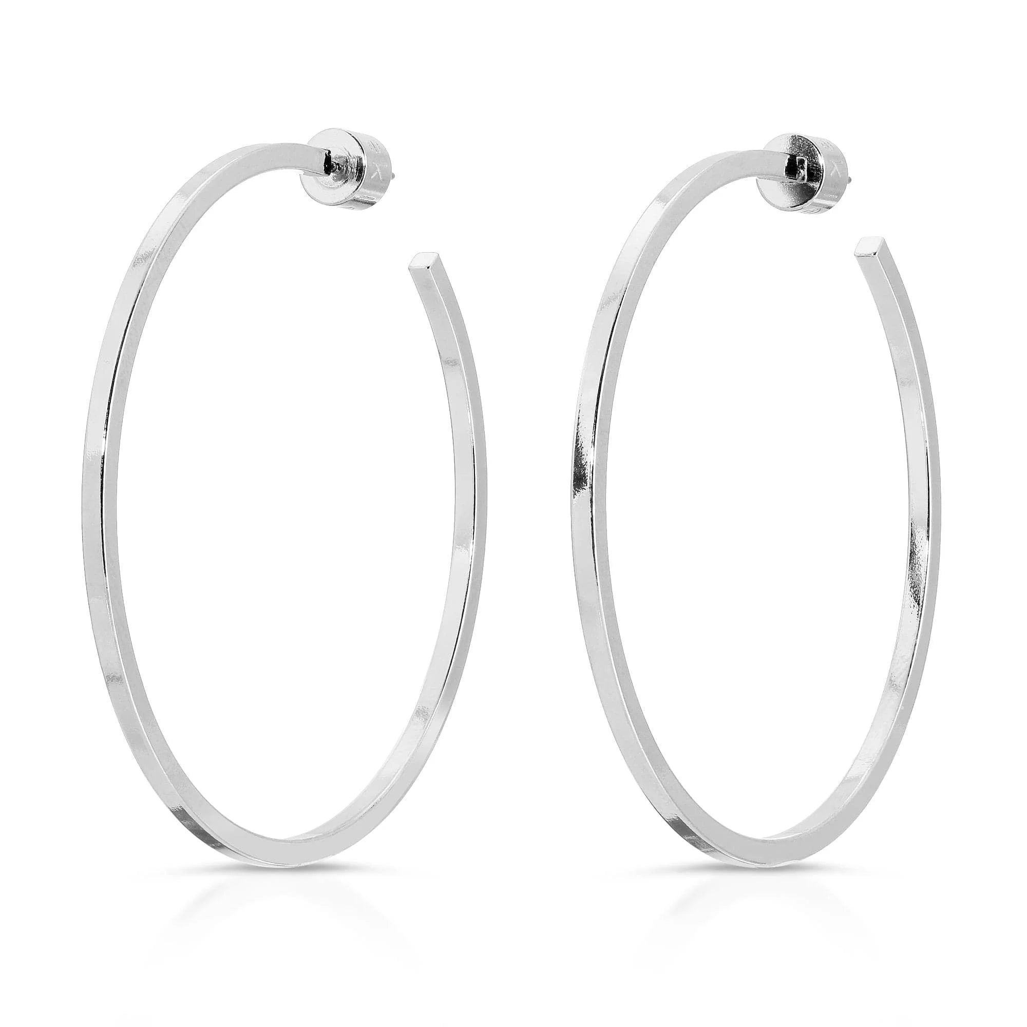 Pair of silver hoop earrings in 2 inch Ava Hoops style, perfect with 14k yellow gold or yellow gold rhodium jewelry
