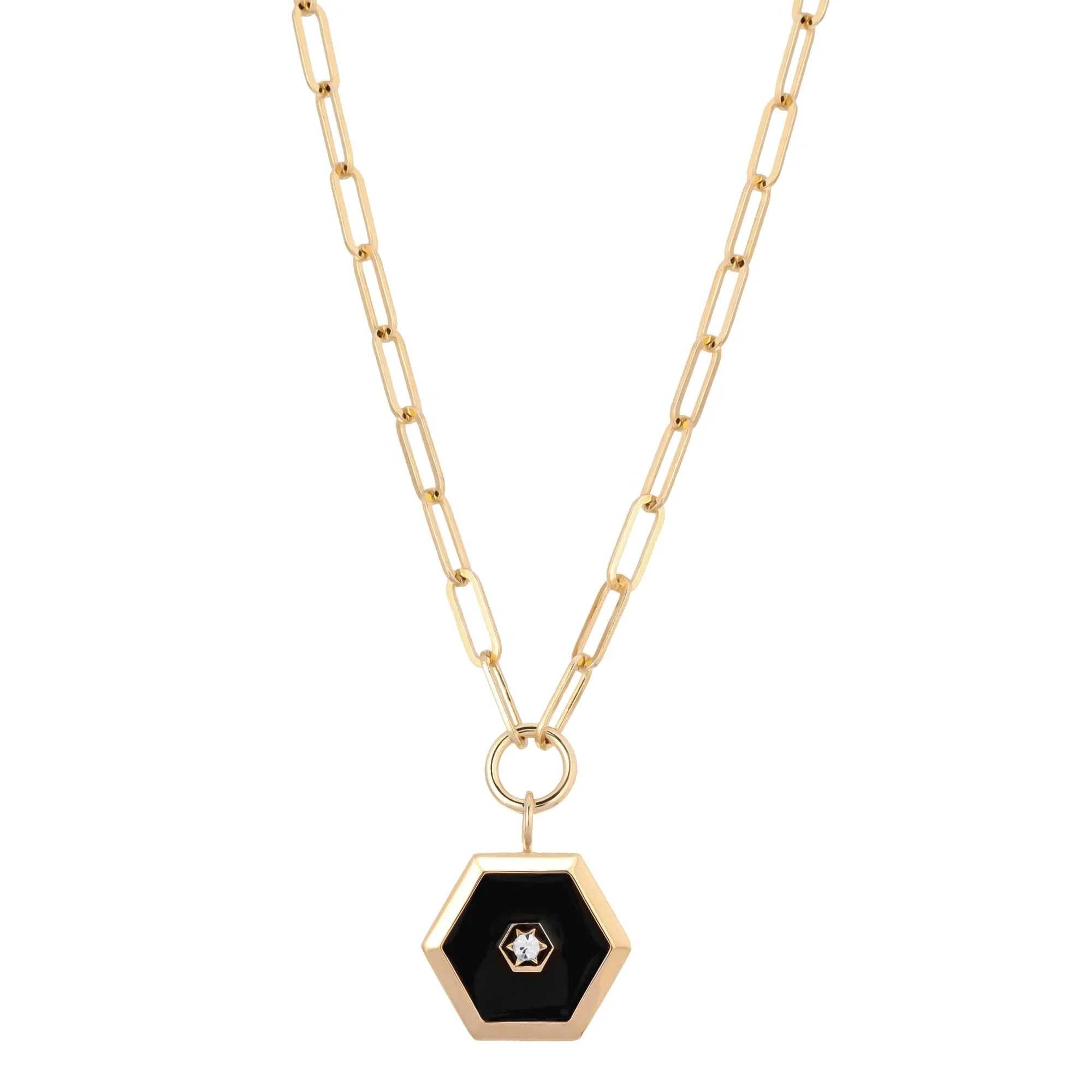 Ashley Enamel Pendant Necklace featuring a gold chain and black and gold hexagon pendant