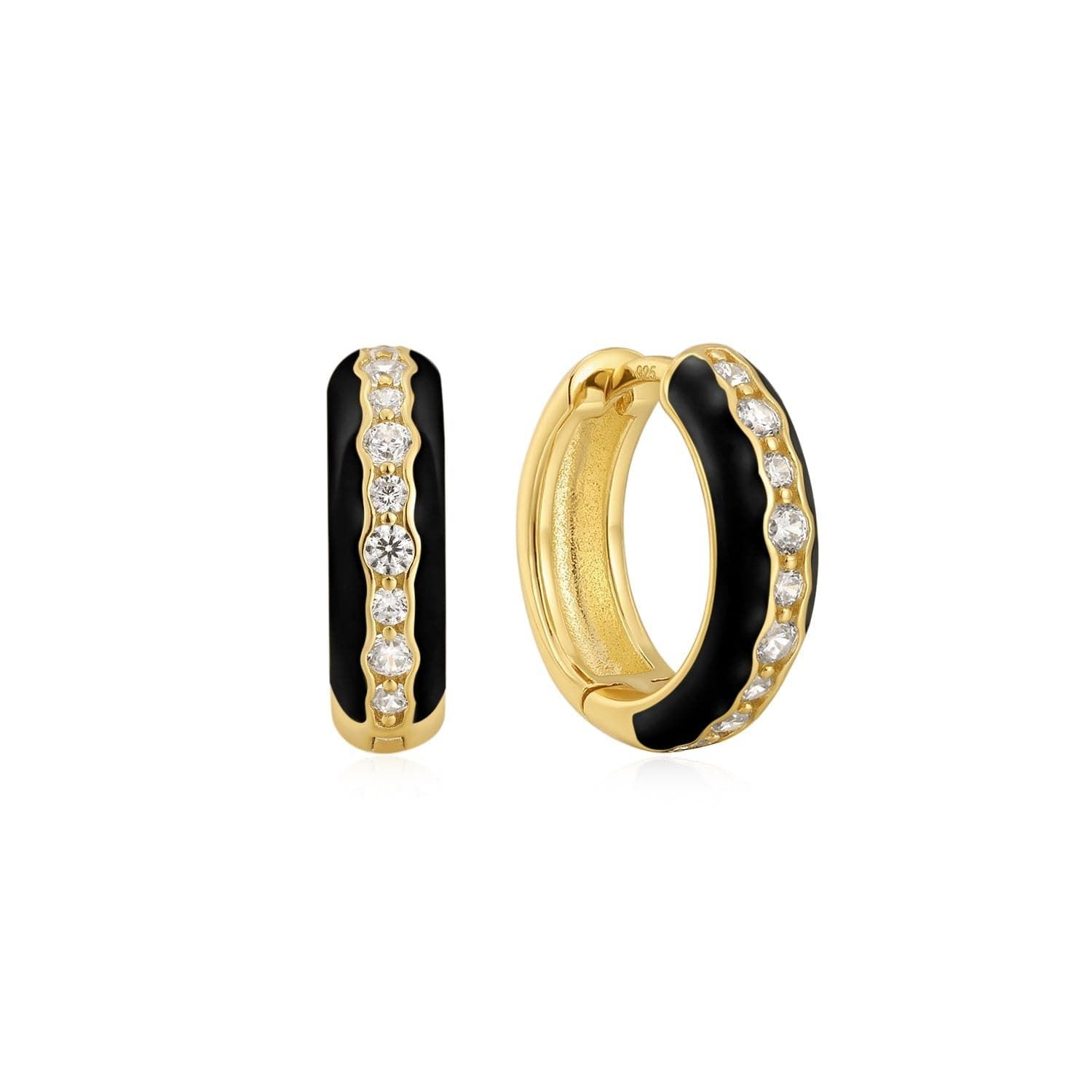Gold hoop earrings with black enamel and diamonds from Black Enamel & CZ Channel Huggie Hoop Earrings