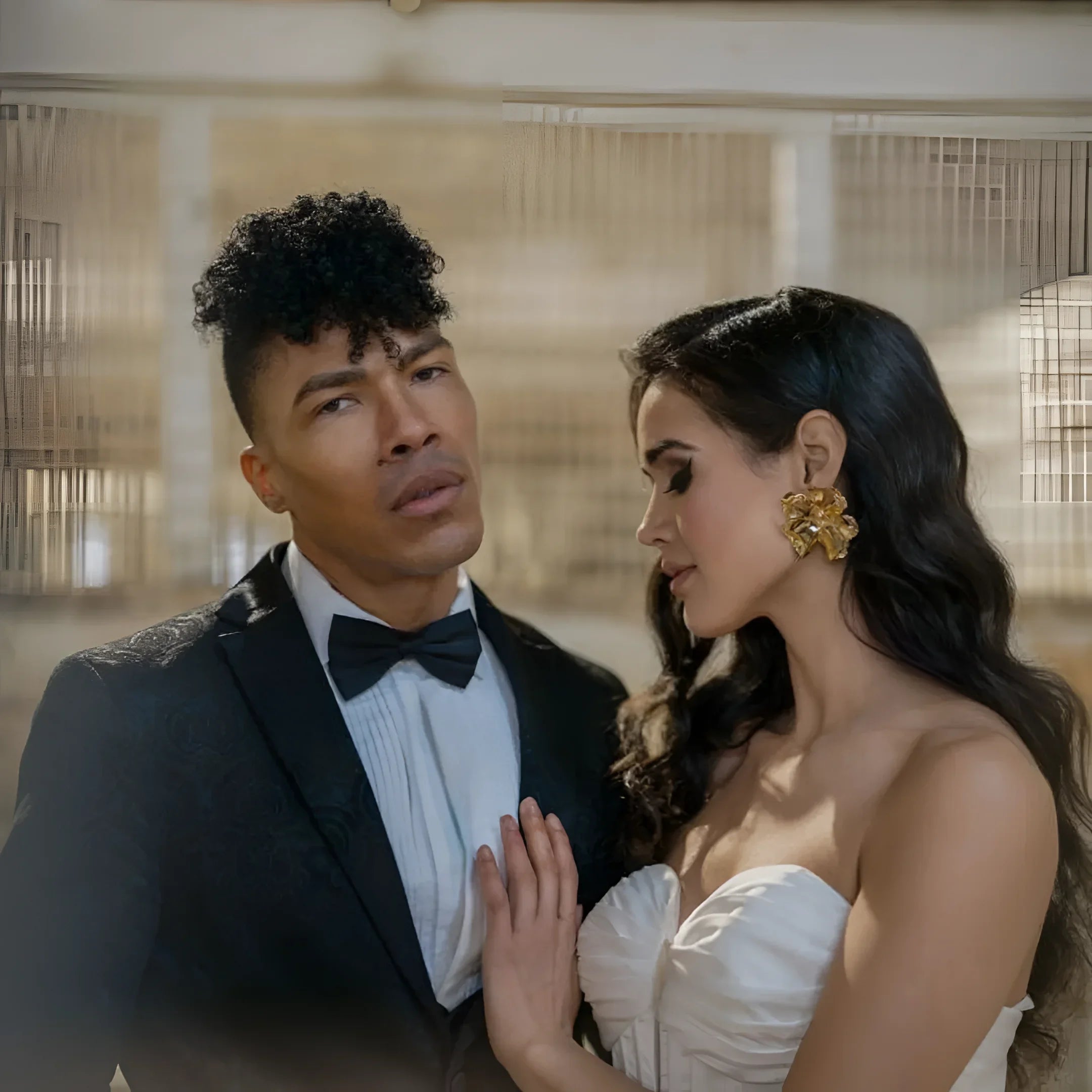 Elegant couple in formal attire wearing Bennett Earrings, perfect for classy events