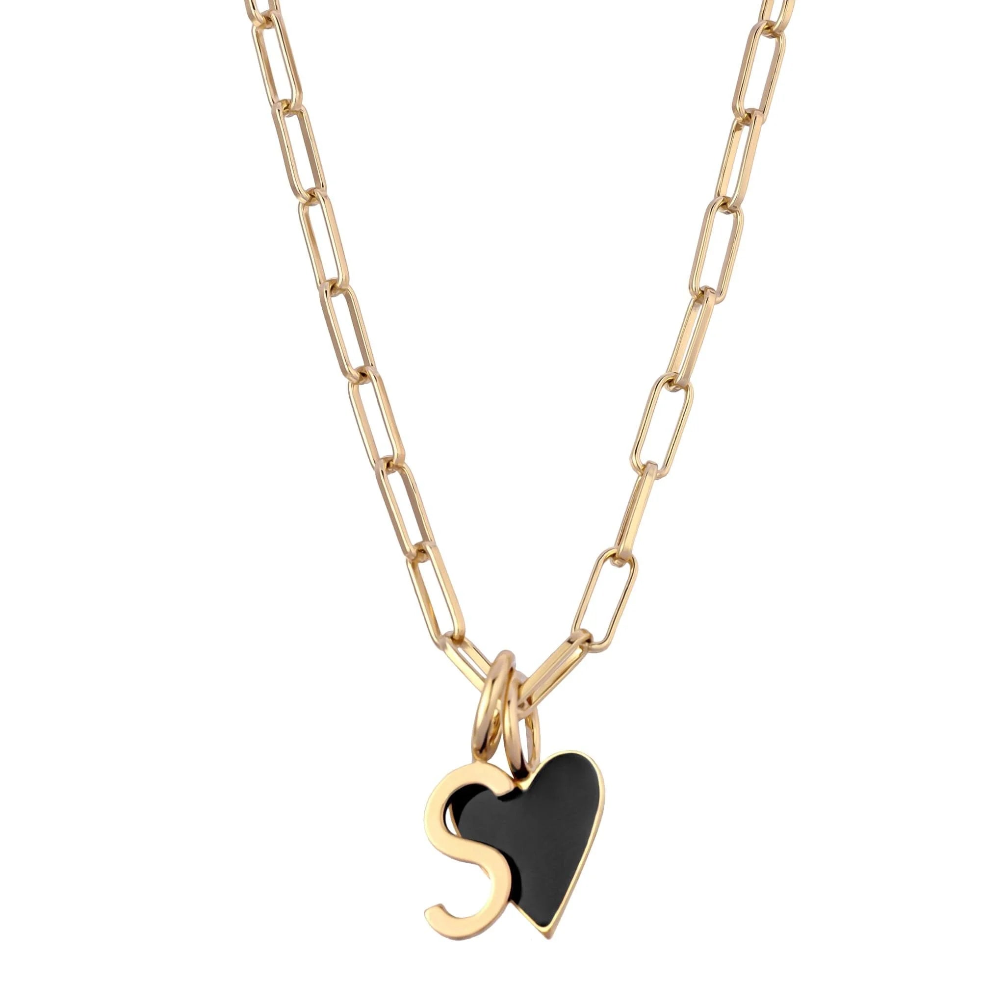 Gold chain necklace with black heart and S charm from Caras Black Enamel Charm Necklace