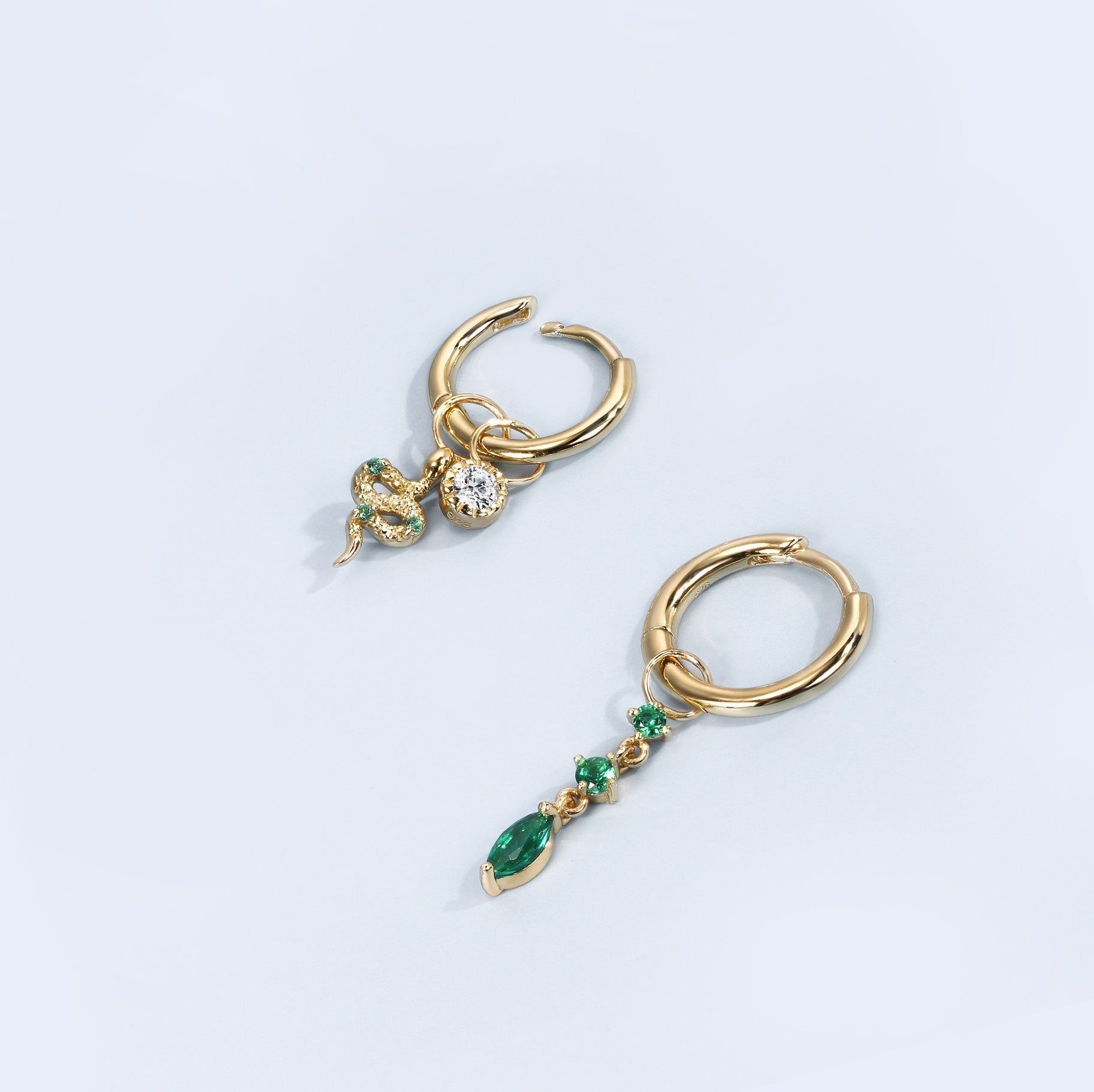Gold hoop earrings with colorful gemstone charms from CZ Snake Hoop Charm collection