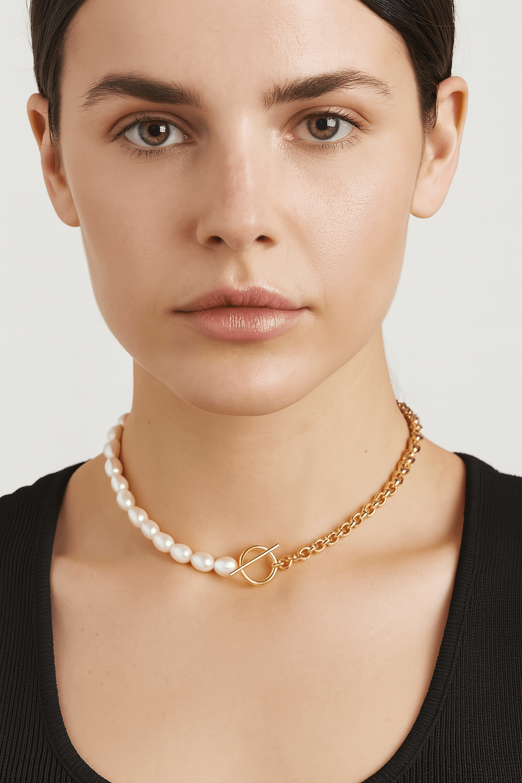 Rosie Necklace with two-tone choker featuring pearls and gold chain with toggle clasp