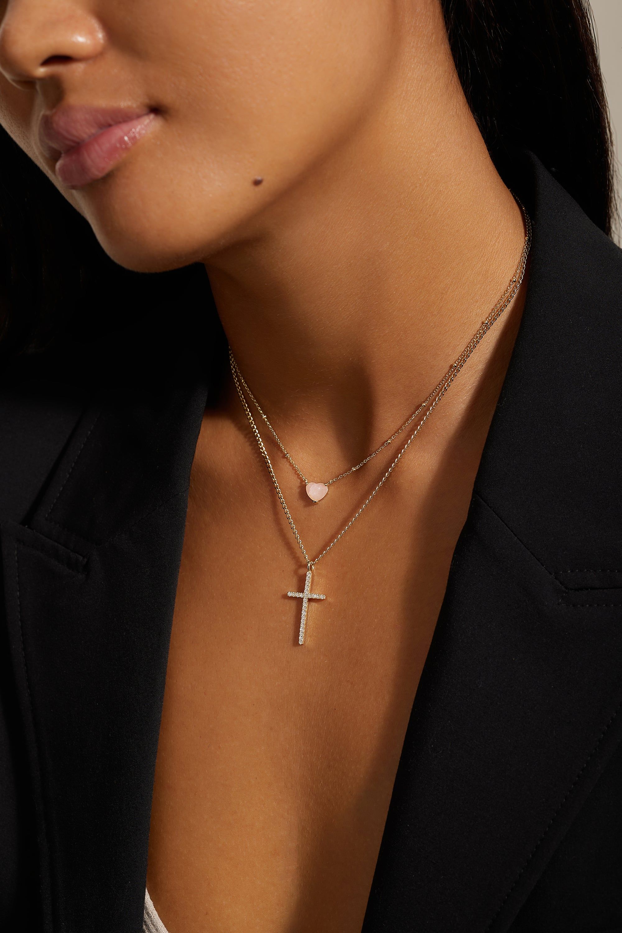Layered gold CZ Cross Pendant Necklace with pink heart charm and diamond cross pendant
