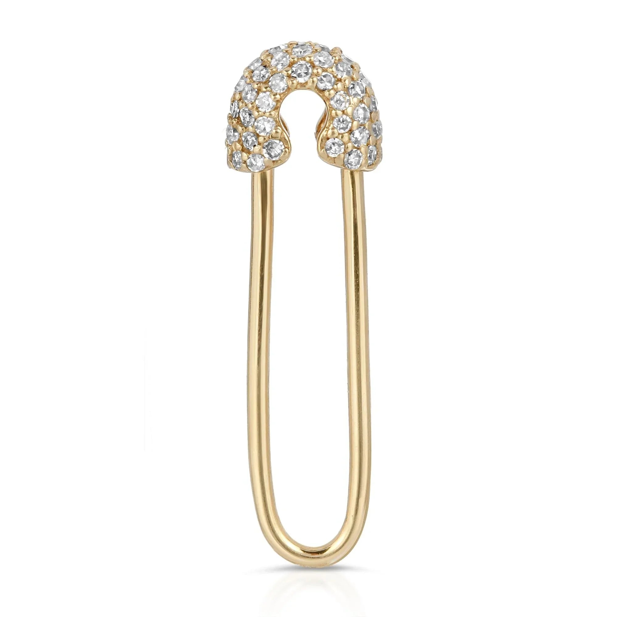 Gold safety pin earring with diamond embellishments, perfect for classy style