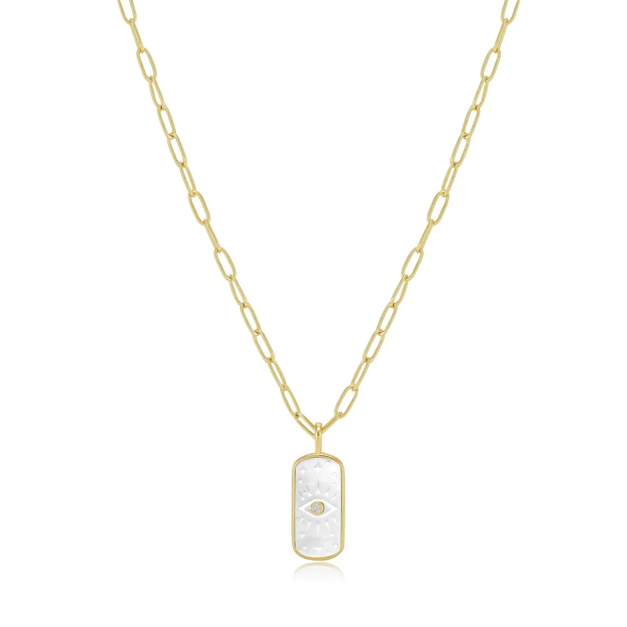 Gold chain necklace with mother-of-pearl evil eye pendant from Evil Eye Mop & CZ Pendant Necklace