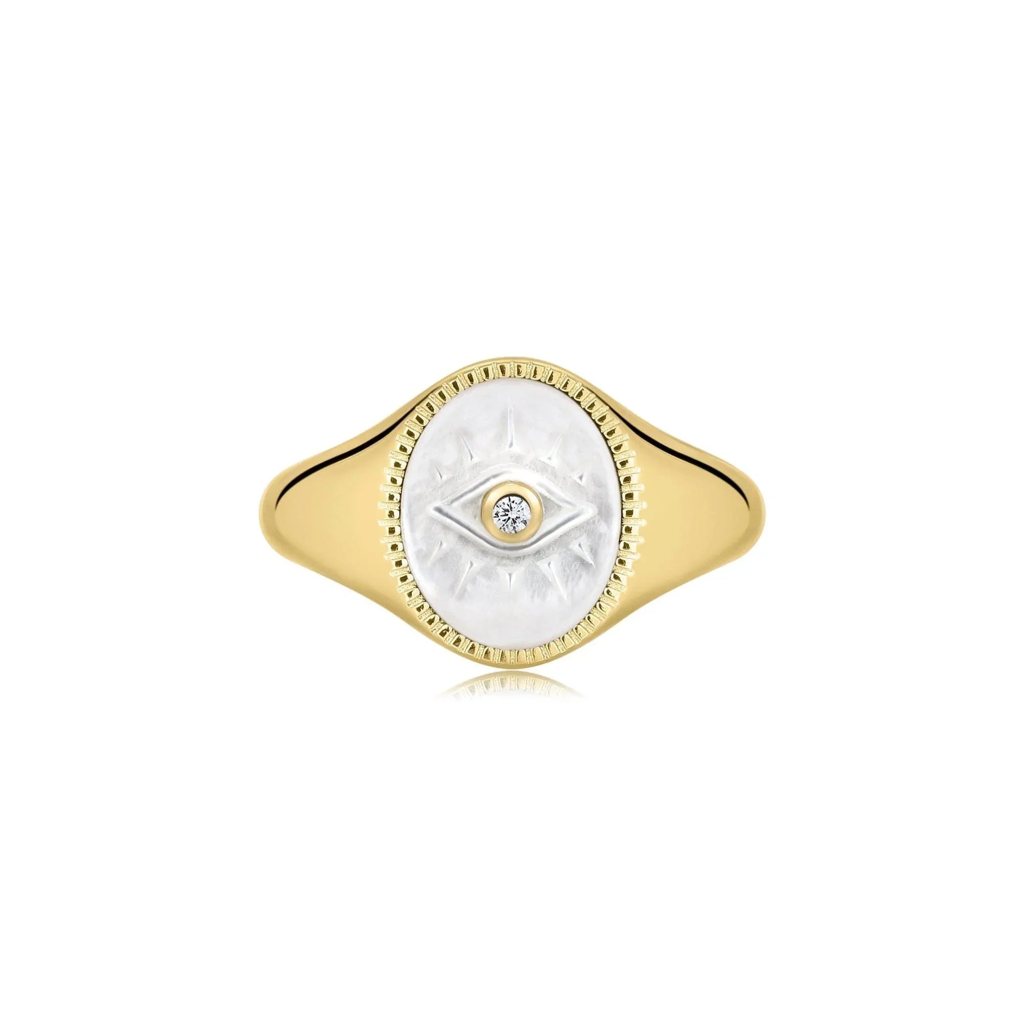 Gold Evil Eye Signet Ring with Mop and CZ Center Stone for a bold look
