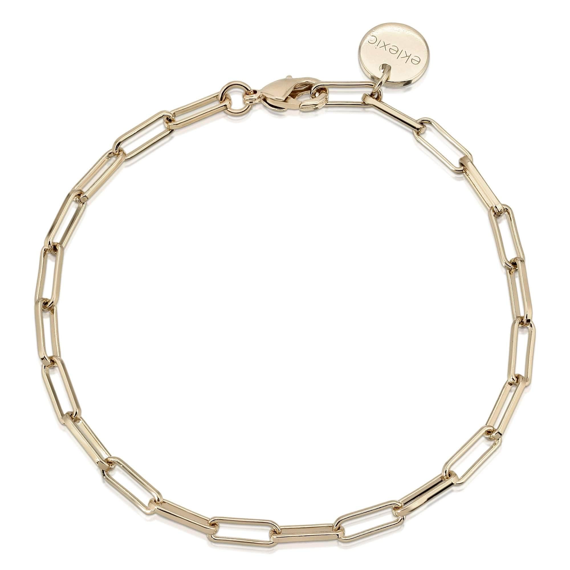 Gold-toned elongated link chain bracelet with circular charm on the Elongated Link Chain Bracelet product