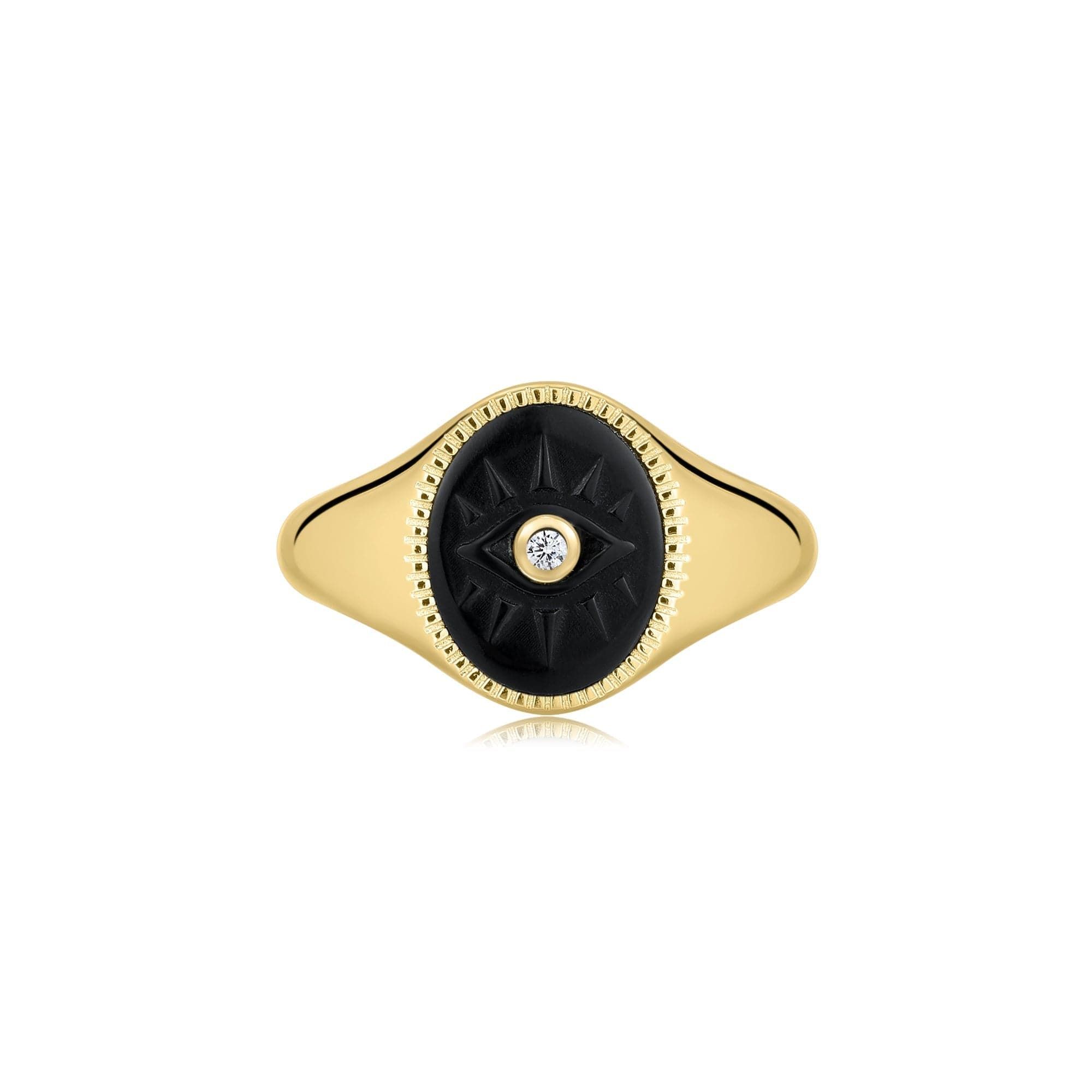 Gold evil eye signet ring with black turquoise and CZ center stone for unique style