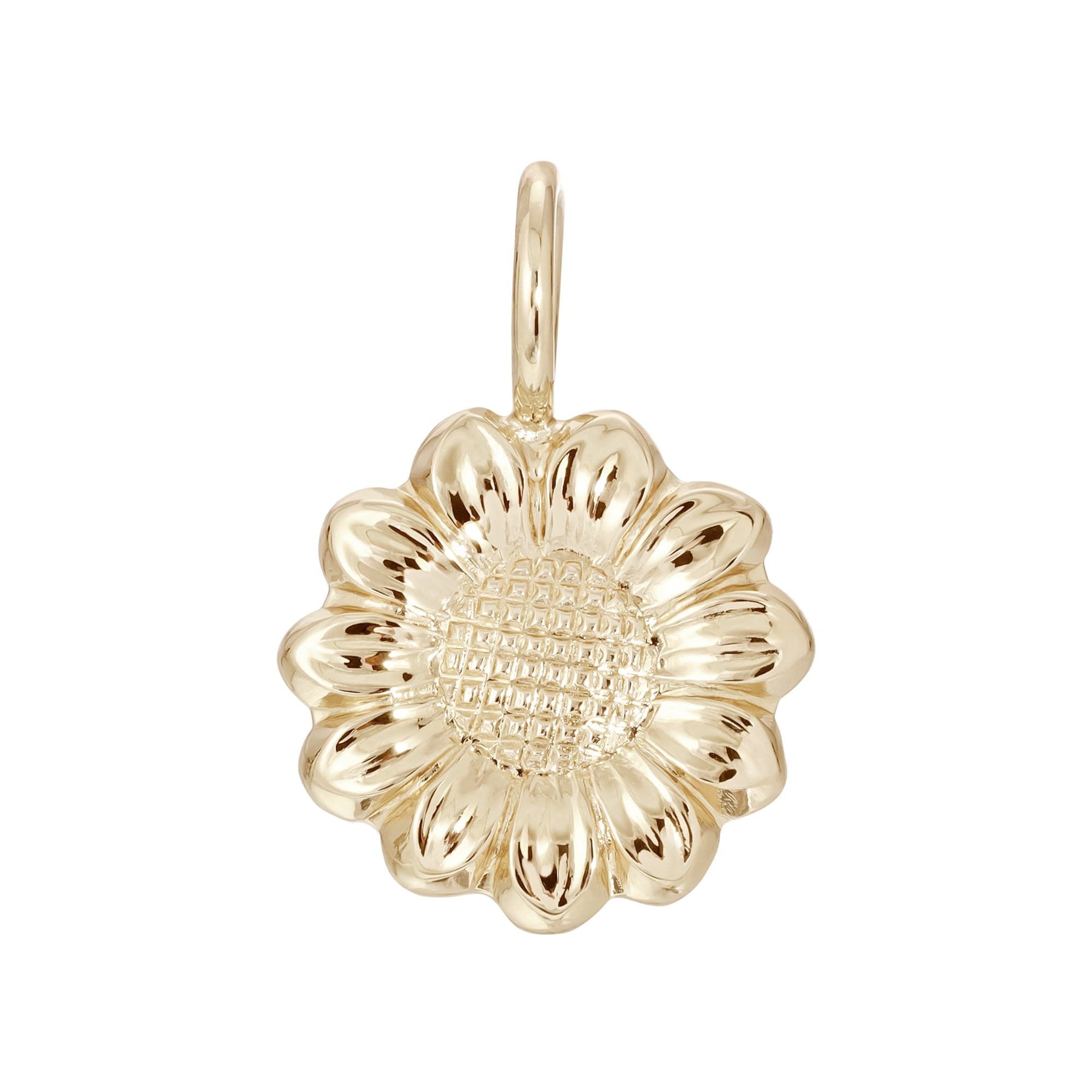 Gold sunflower pendant from Fleur Charm, perfect for a sunny vibe necklace