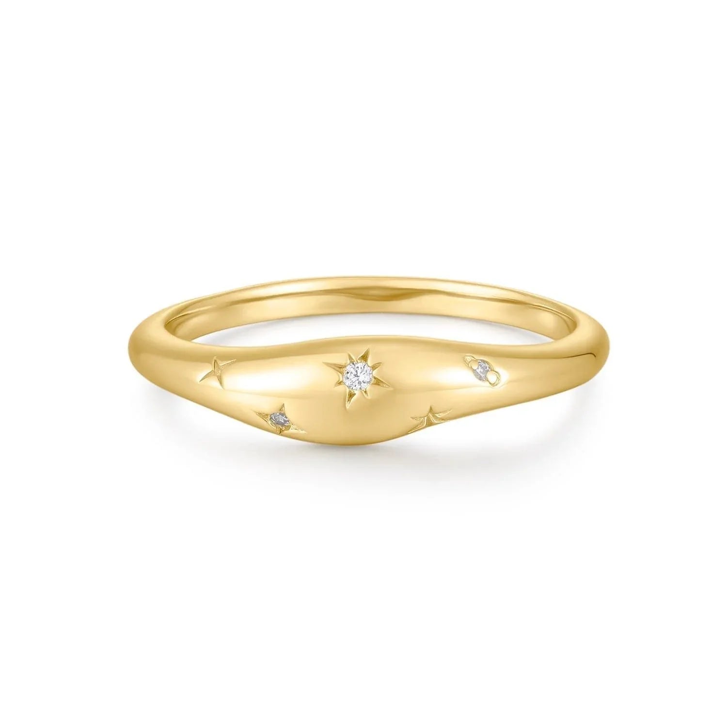 Gold signet ring with star accents from Galaxy CZ Thick Wavy Ring collection