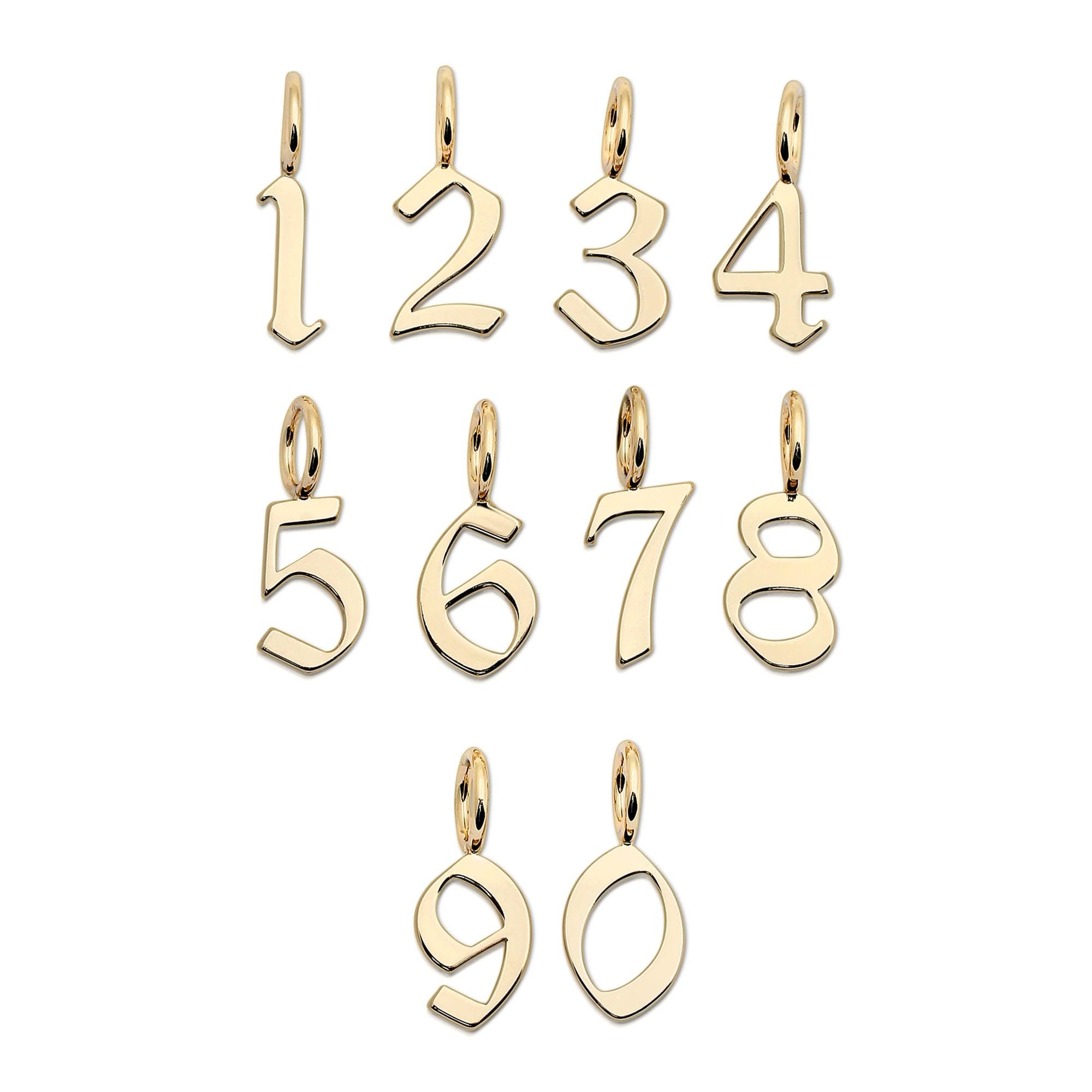 Gold number charm pendants from Gothic Numbers for a stylish jewelry look