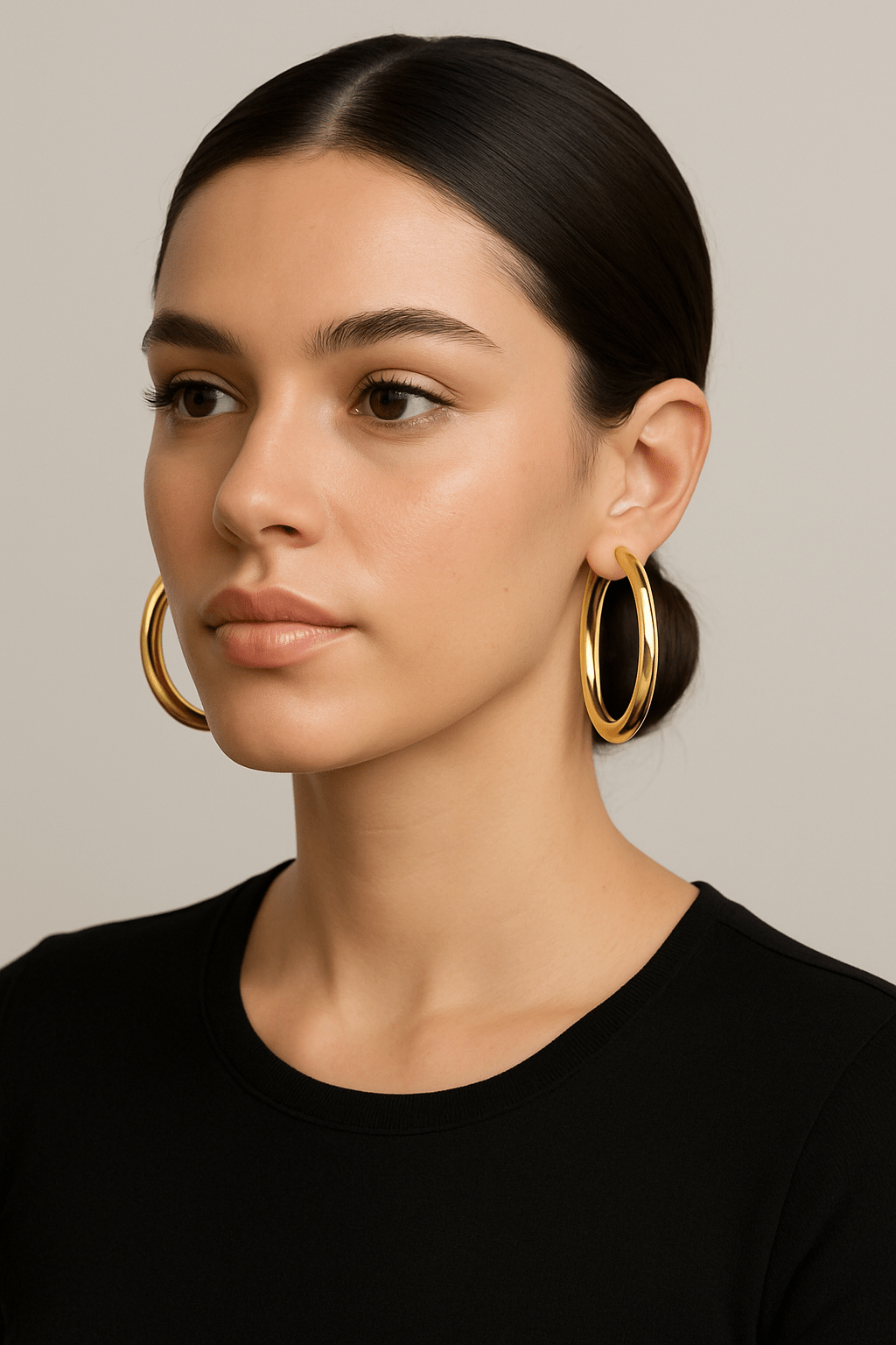 Woman wearing polished gold 2-inch Kelly Hoops earrings