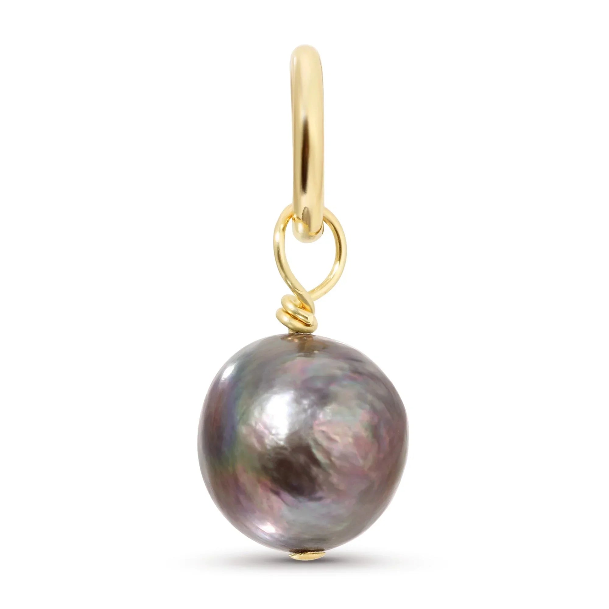 Gold hoop earring with iridescent pearl from the Large Baroque Gray Peacock Pearl Pendant collection
