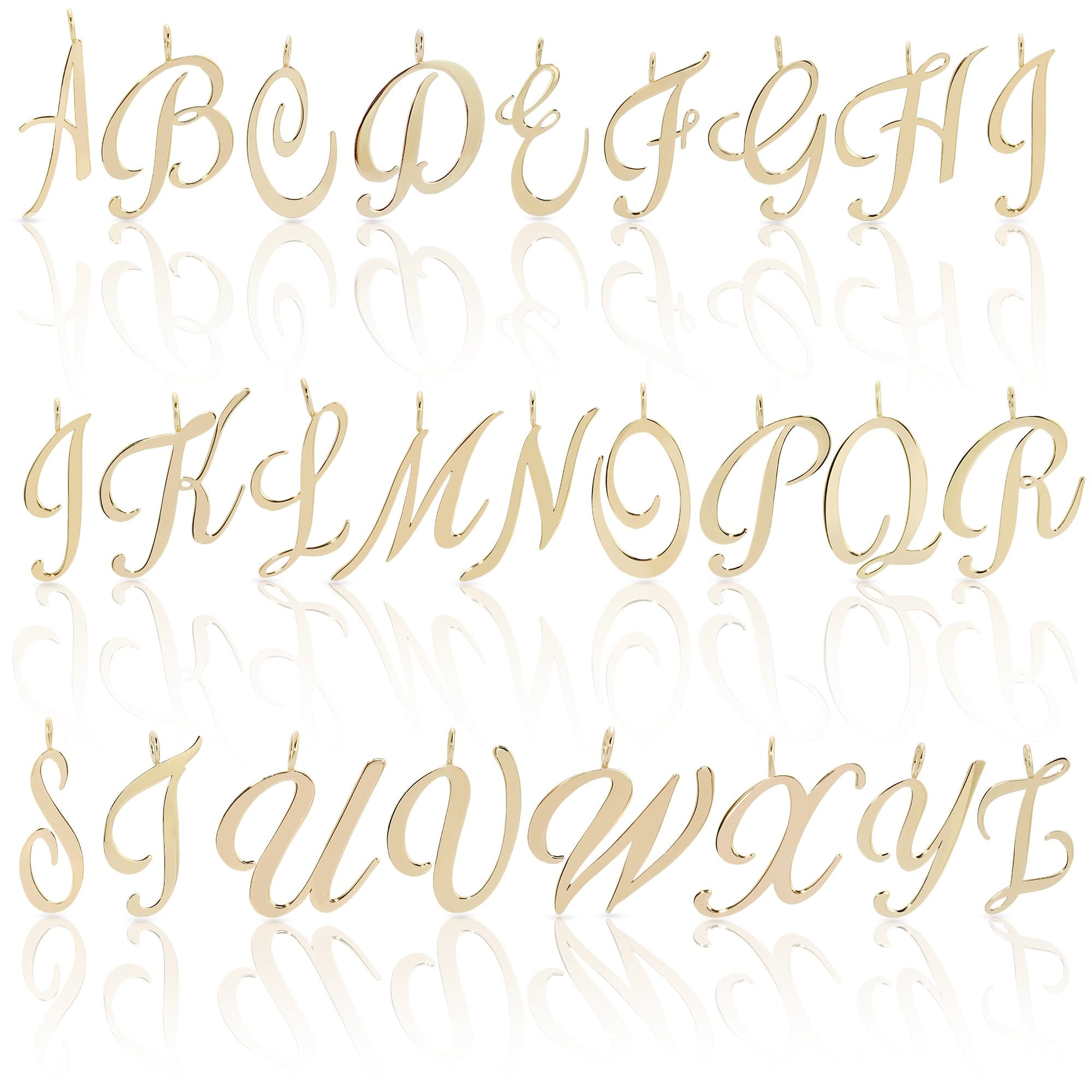 Gold cursive alphabet pendant pictured on a Large Letter Pendant display