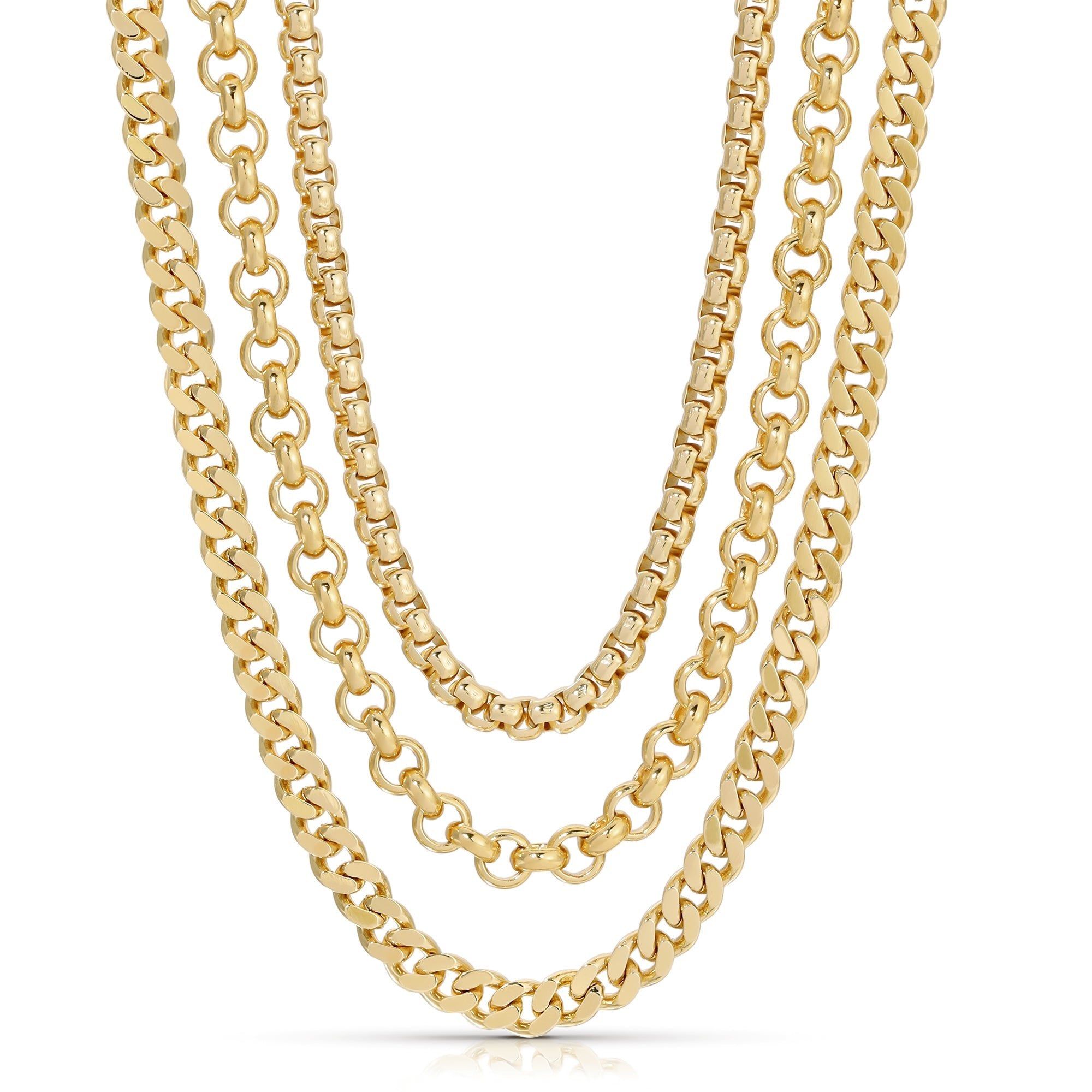 Ludlow Triple Chain Necklace featuring five gold-toned necklaces with varied chain styles