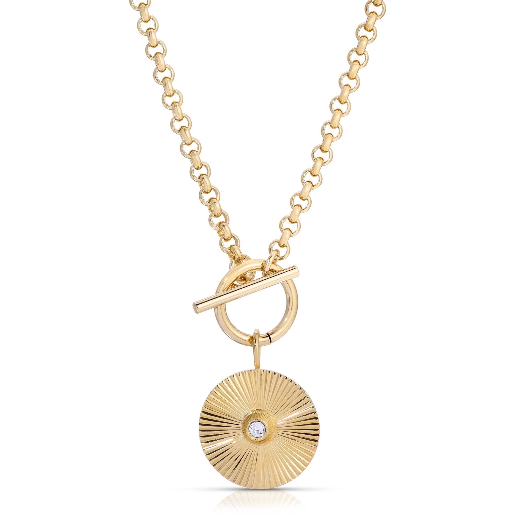 Gold chain necklace featuring a sunburst pendant from Micro Royal Toggle & Ocean Pendant Necklace