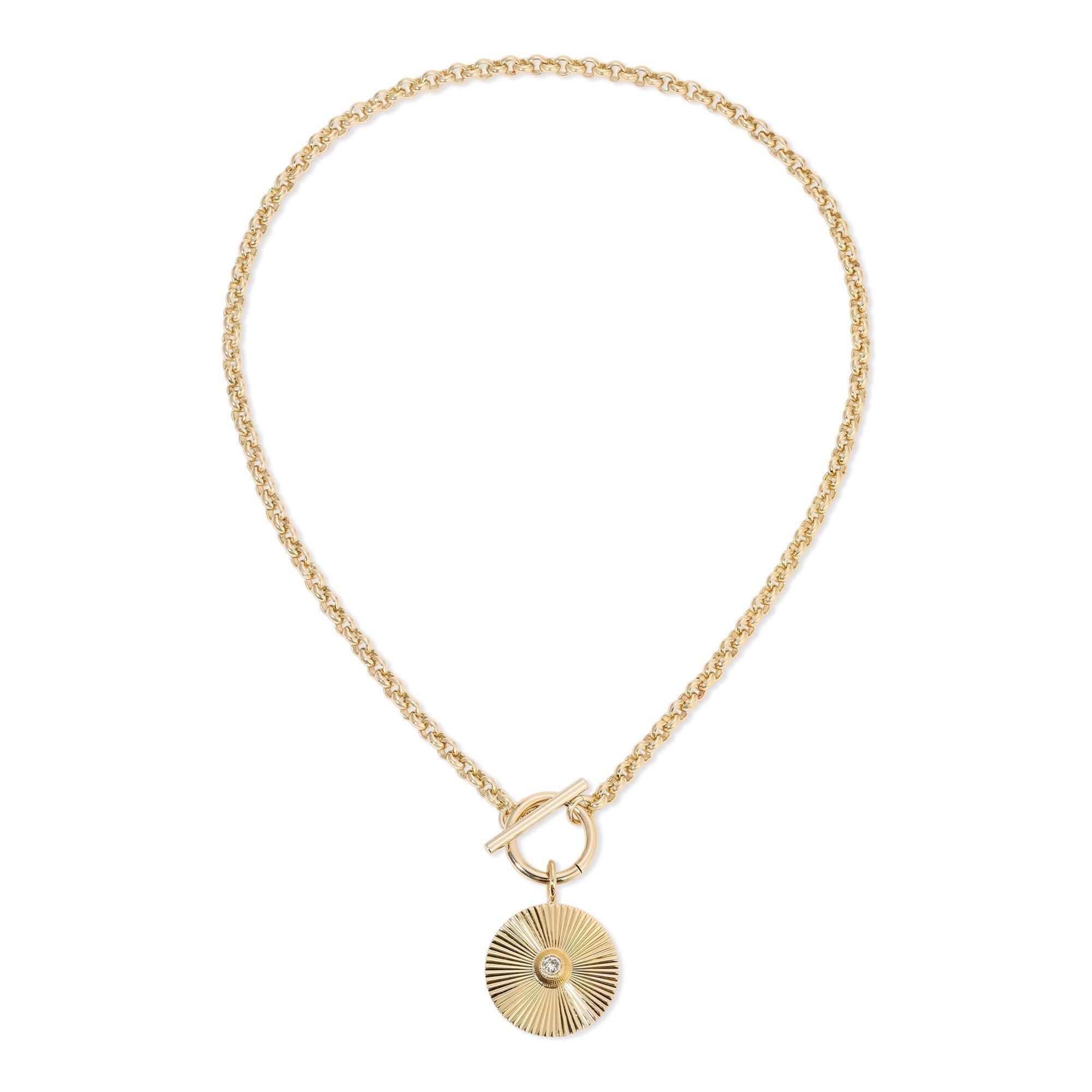 Gold chain necklace with circular Ocean Pendant from Micro Royal Toggle & Ocean Necklace