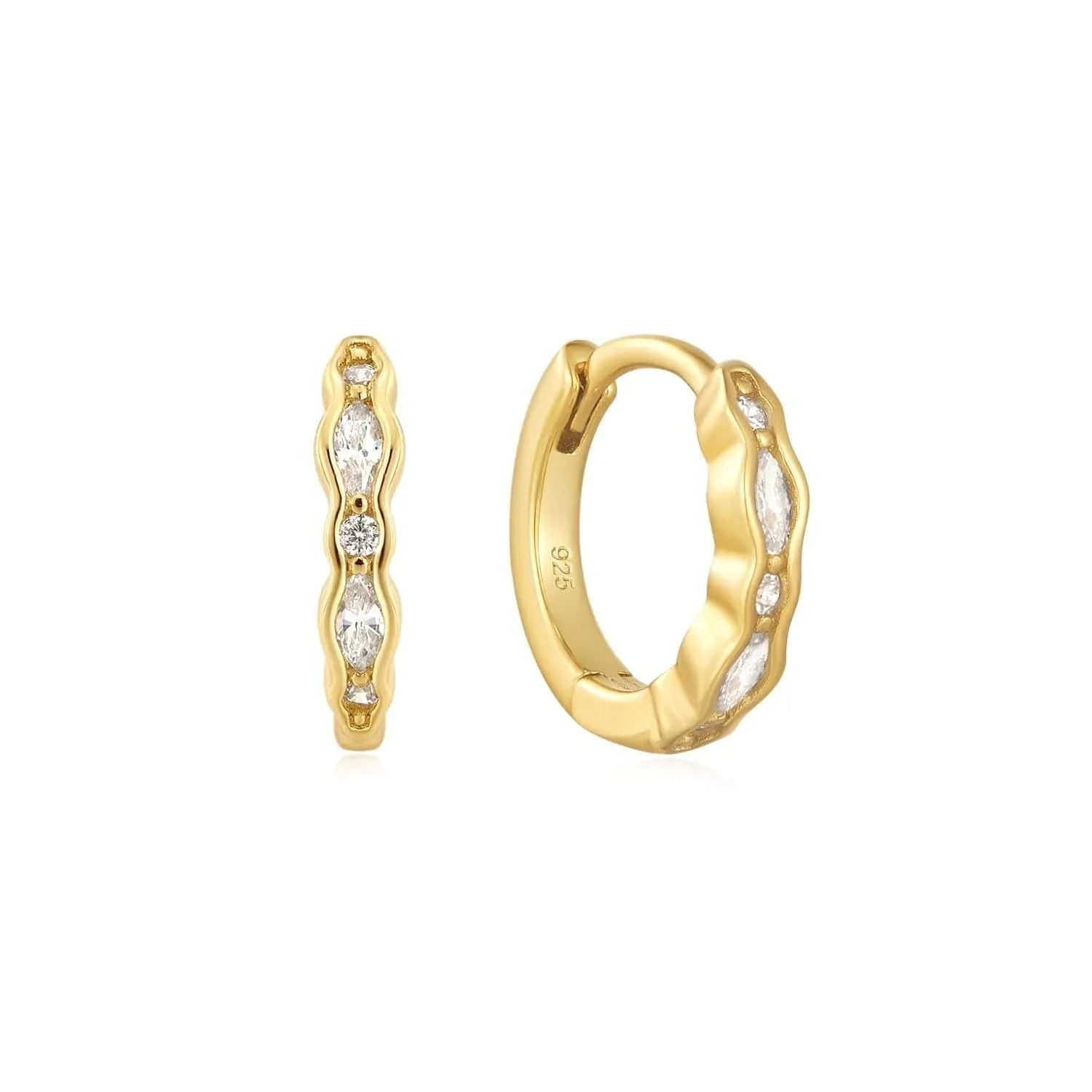 Gold hoop earrings with inlaid crystals from Multi Shaped CZ Channel Huggie Hoops