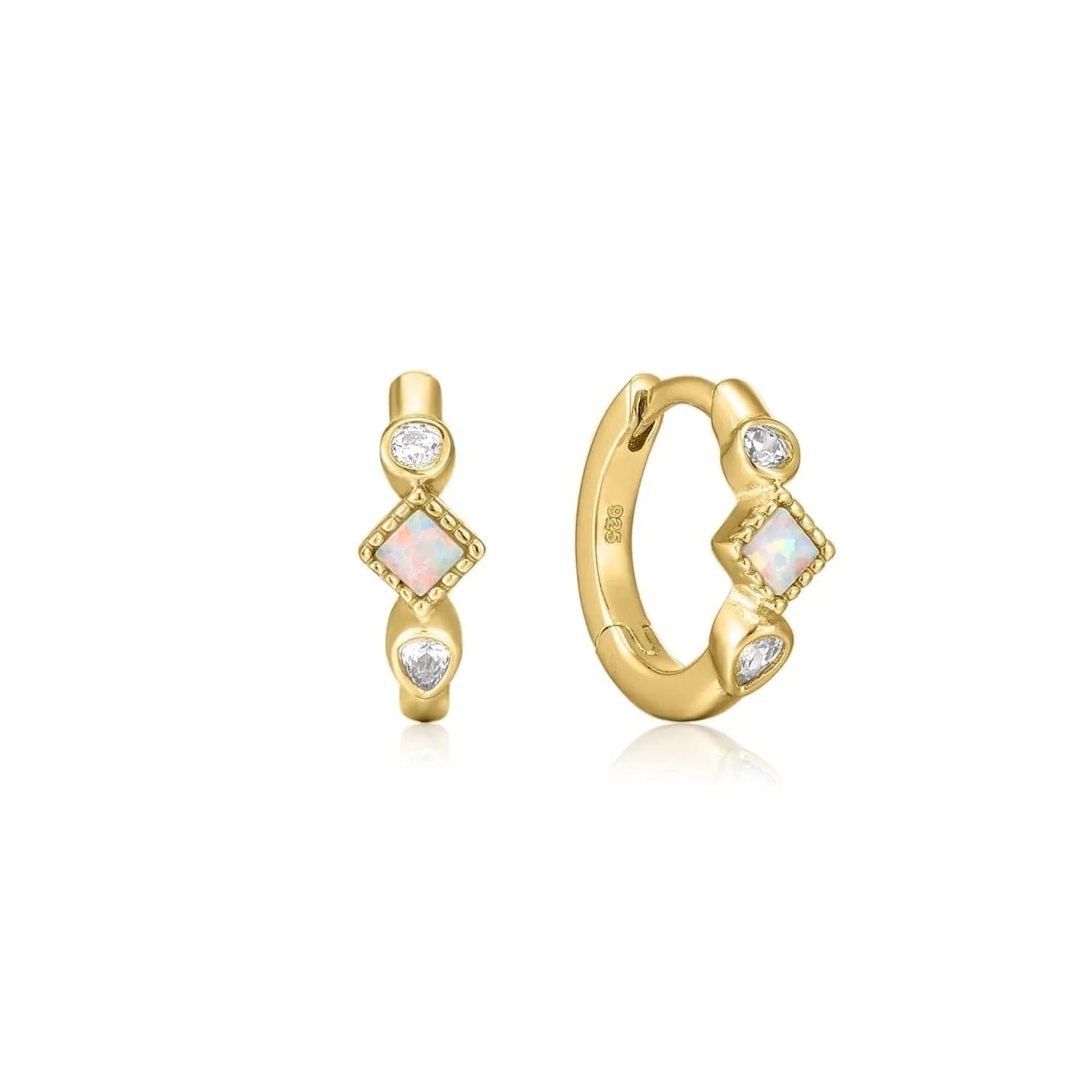 Pair of gold hoop earrings with opal and cubic zirconia accents from Multi Shaped Opal & CZ Stone Huggie Hoops