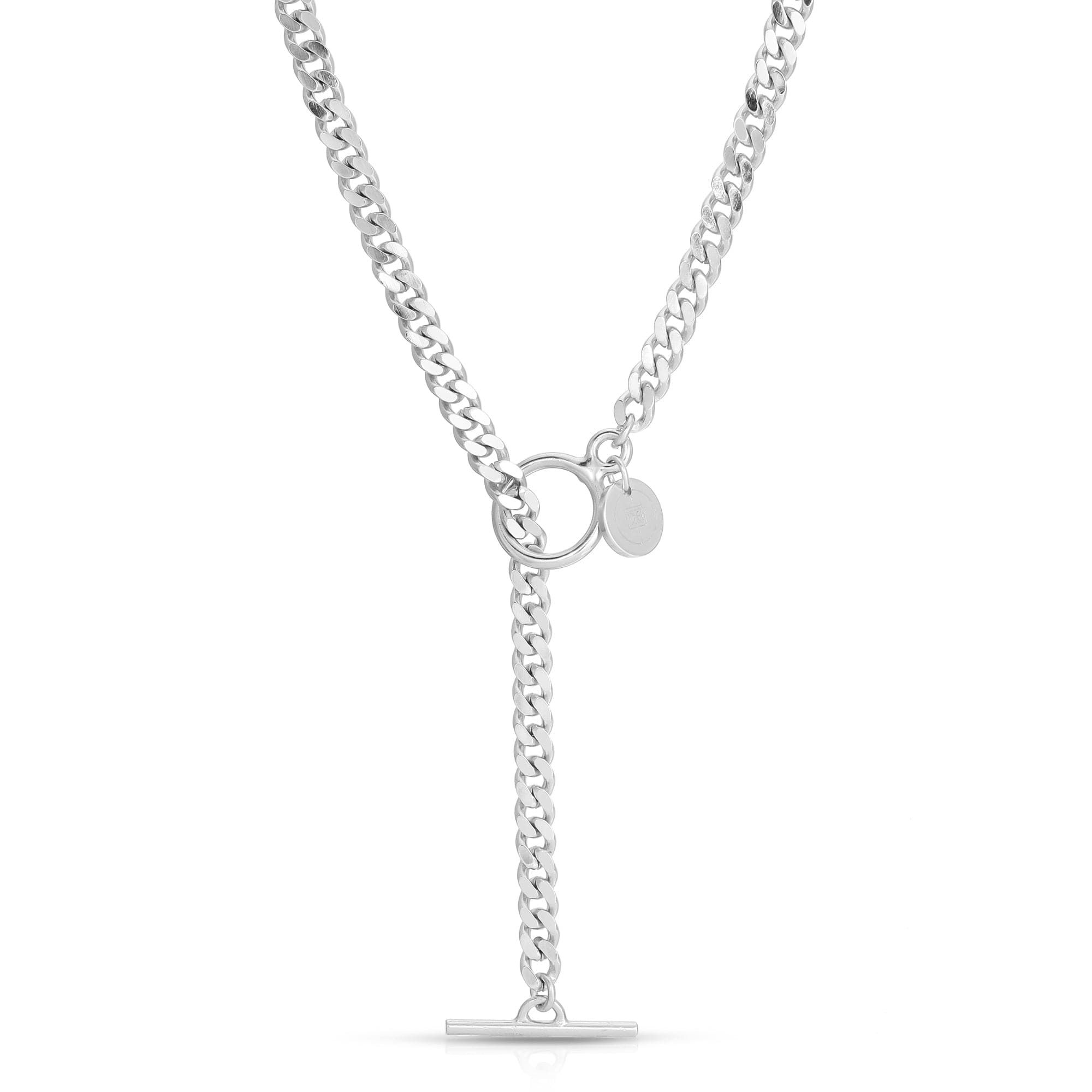 Silver chain necklace with circular pendant and T-bar clasp for Micro Link Curb Chain Convertible Lariat