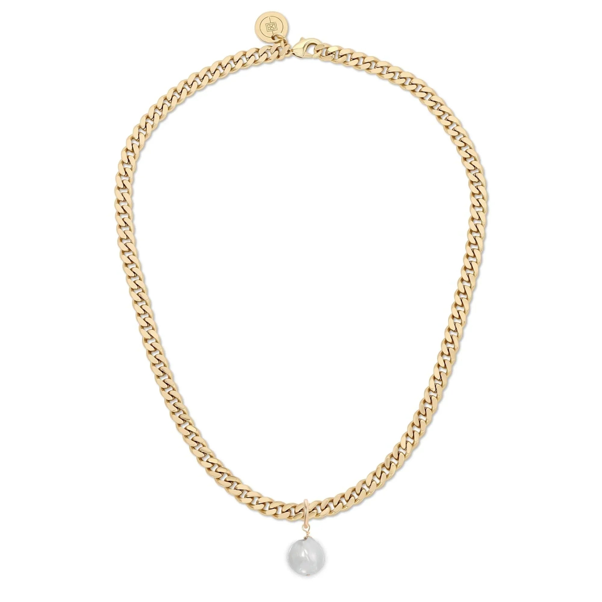 Gold chain necklace with a pearl pendant and translucent charm from Micro Link Curb Chain