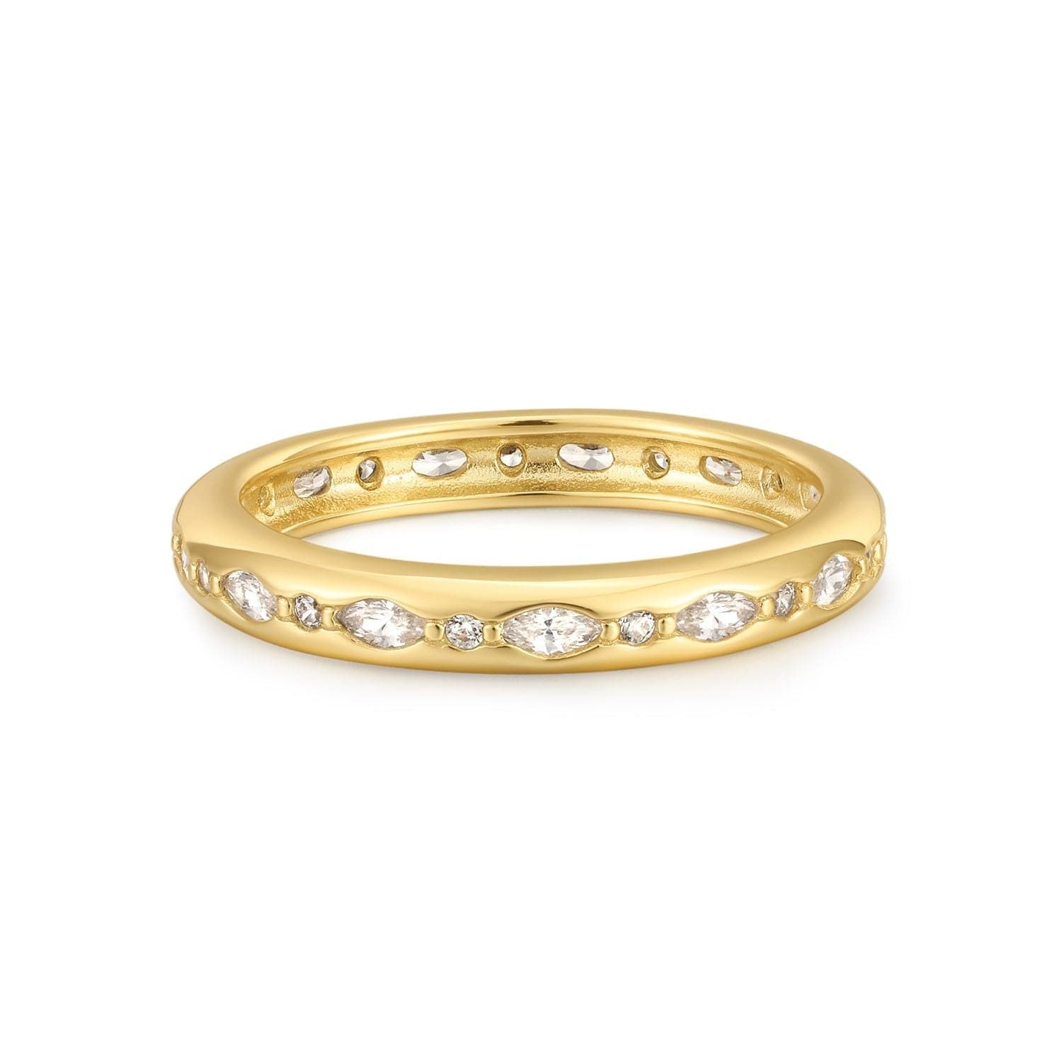 Gold ring with embedded diamonds, stylish Multi Shaped CZ Channel Ring for sparkling looks