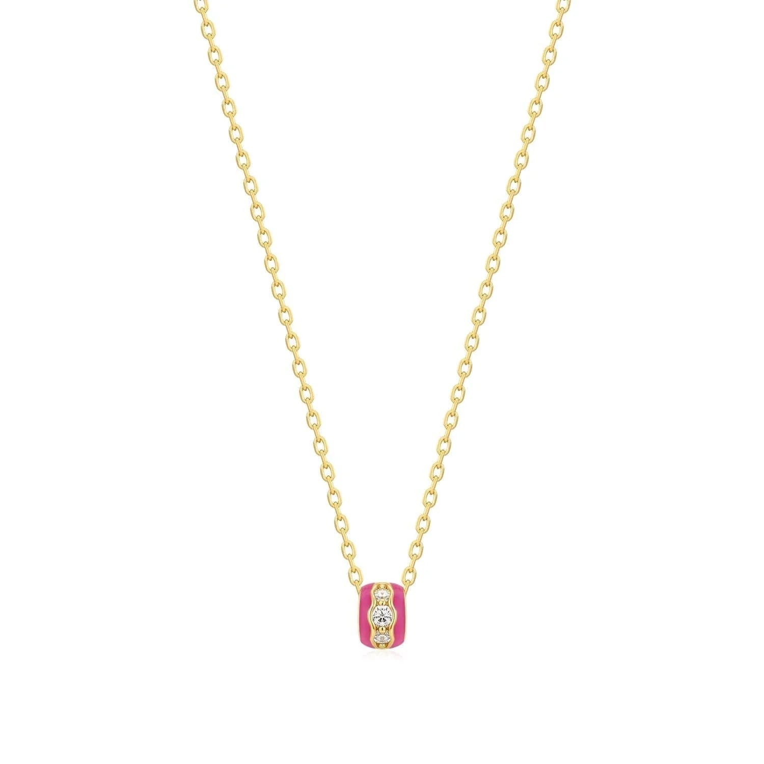 Pink enamel and CZ channel rondelle necklace with gold chain and diamond pendant