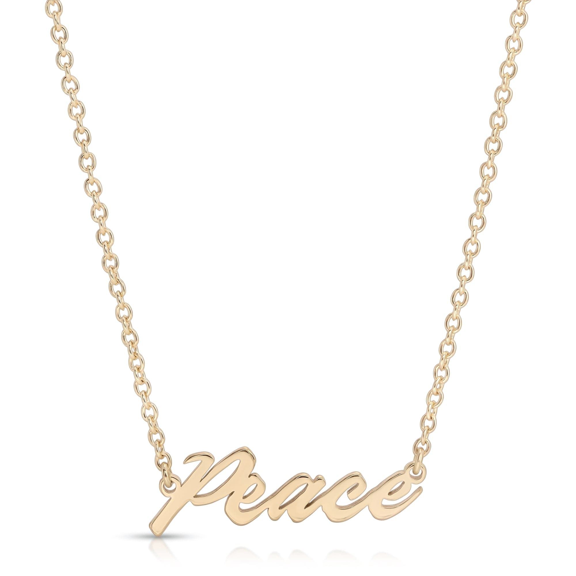 Gold Peace necklace from the Peace Script Necklace collection, perfect for everyday wear
