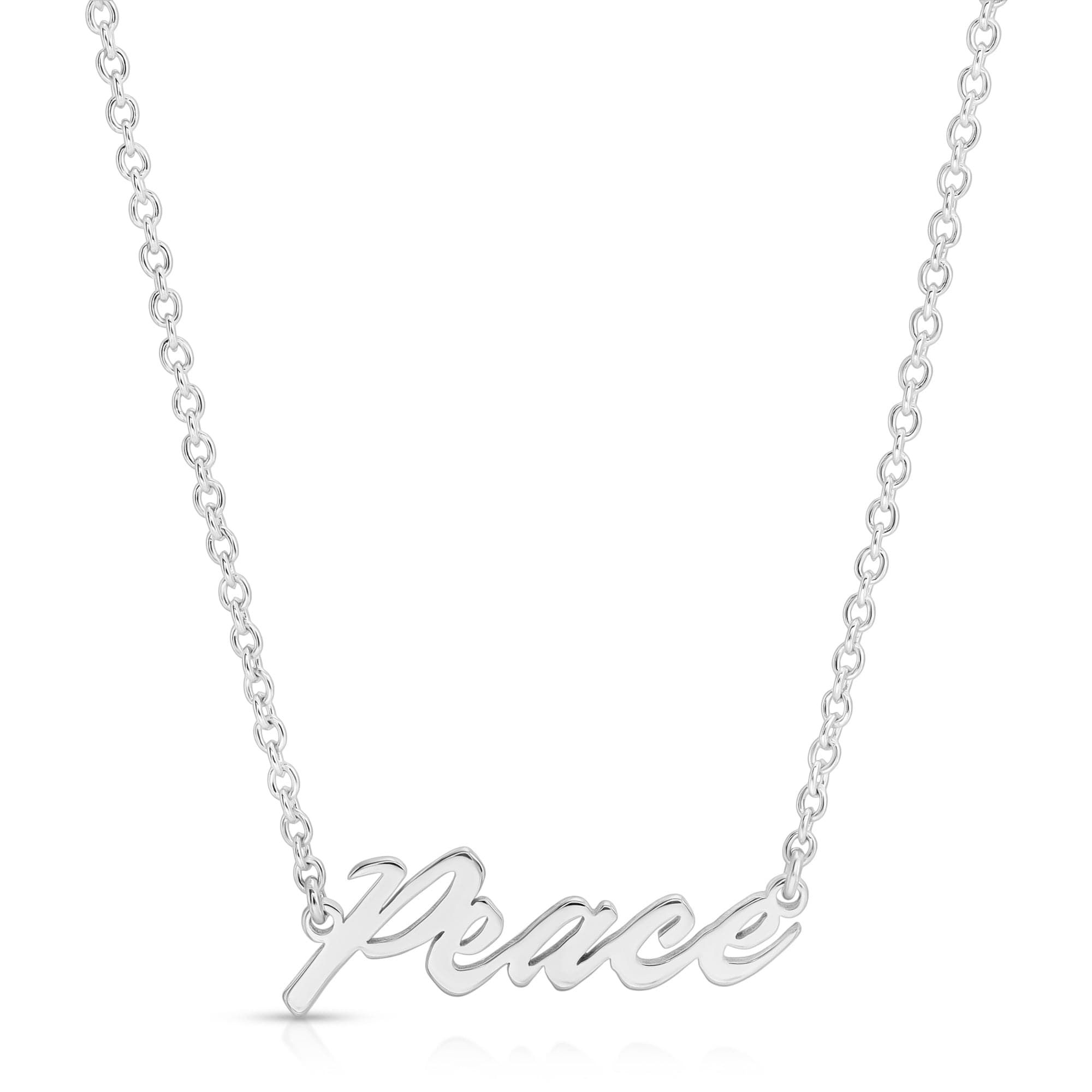 Silver Peace Script Necklace with a cool and stylish peace pendant on a chain