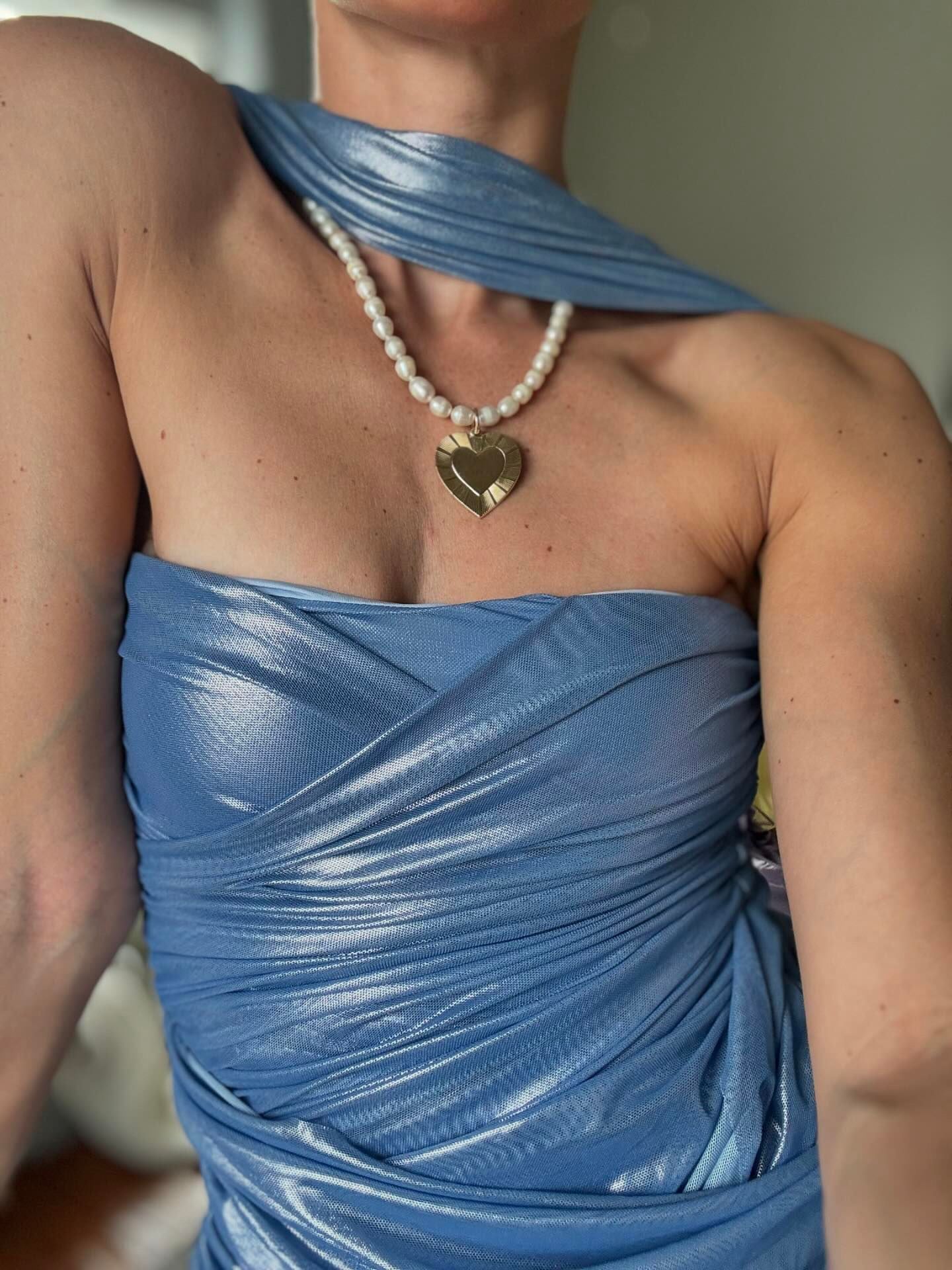 Blue metallic draped dress with Pearl & Hildegard Pendant Necklace accessories