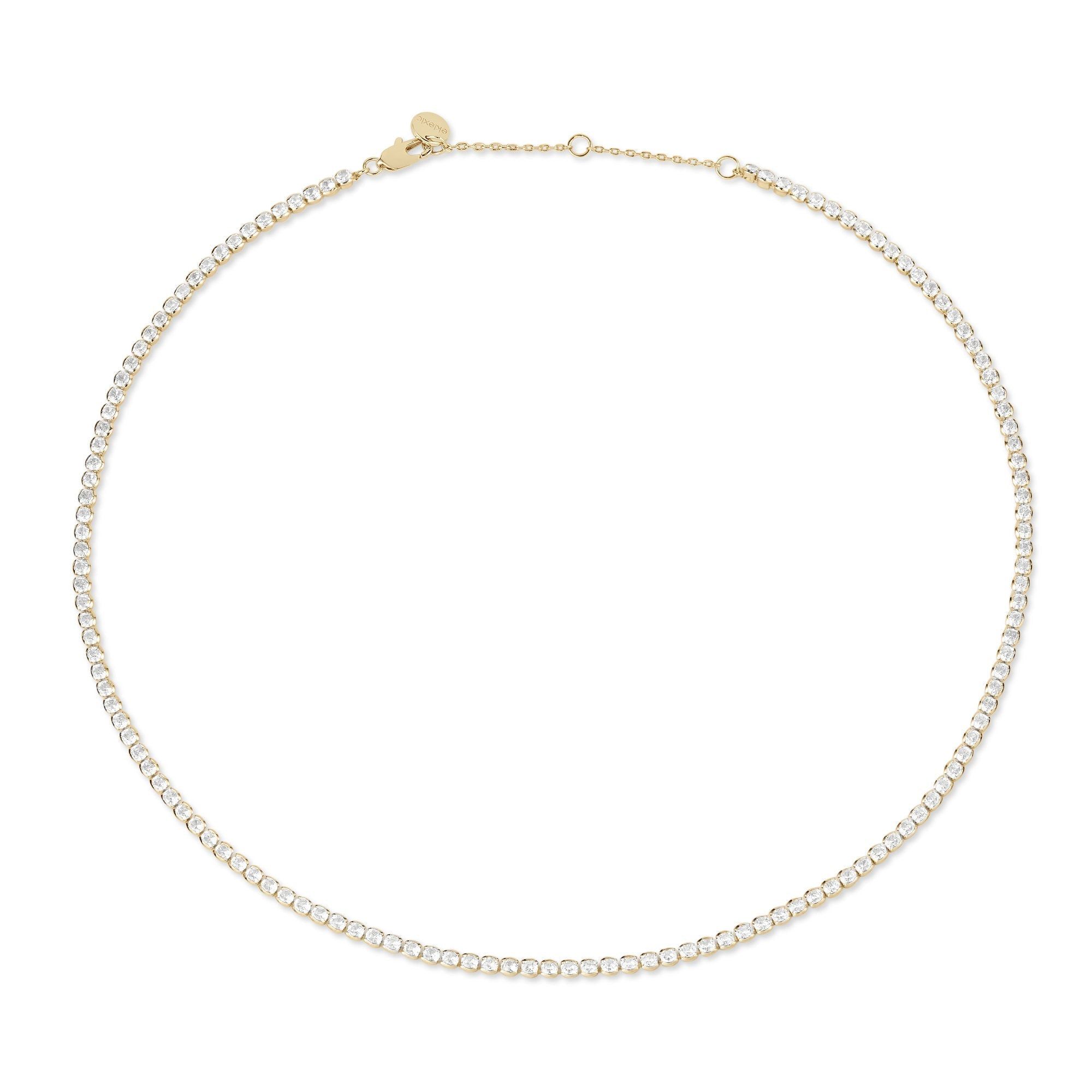 Shiny Gold and Diamond Tennis Necklace on display in the Round CZ Tennis Necklace product shot