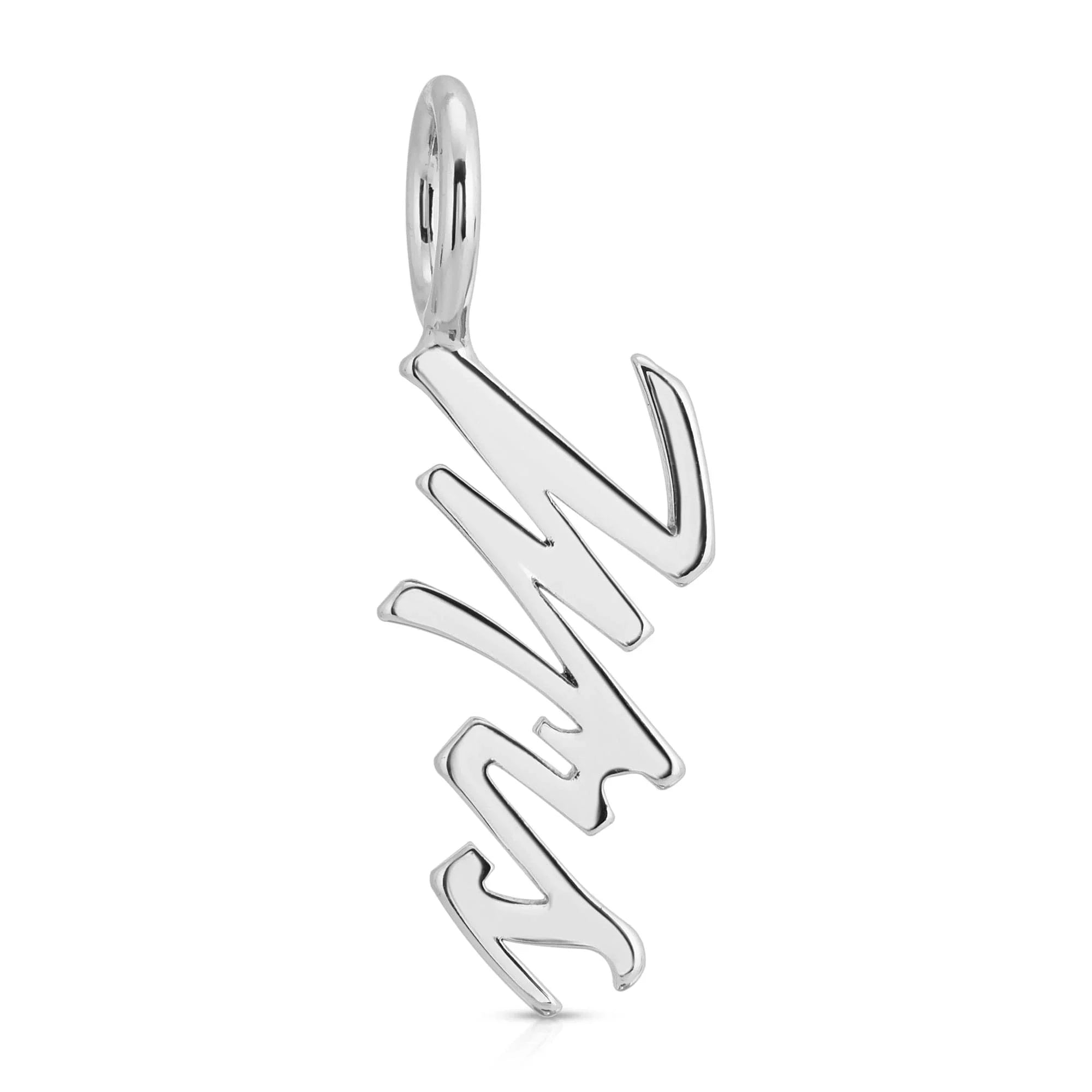 Silver Script Pendant Mrs with AMA spelled in shiny silver metal jewelry