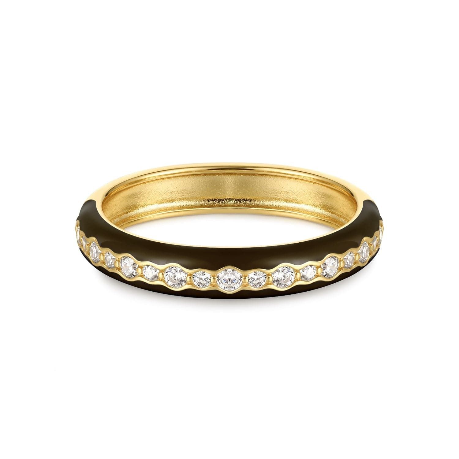 Gold ring with black enamel and sparkling CZ stones in the Thin Black Enamel & CZ Channel Ring