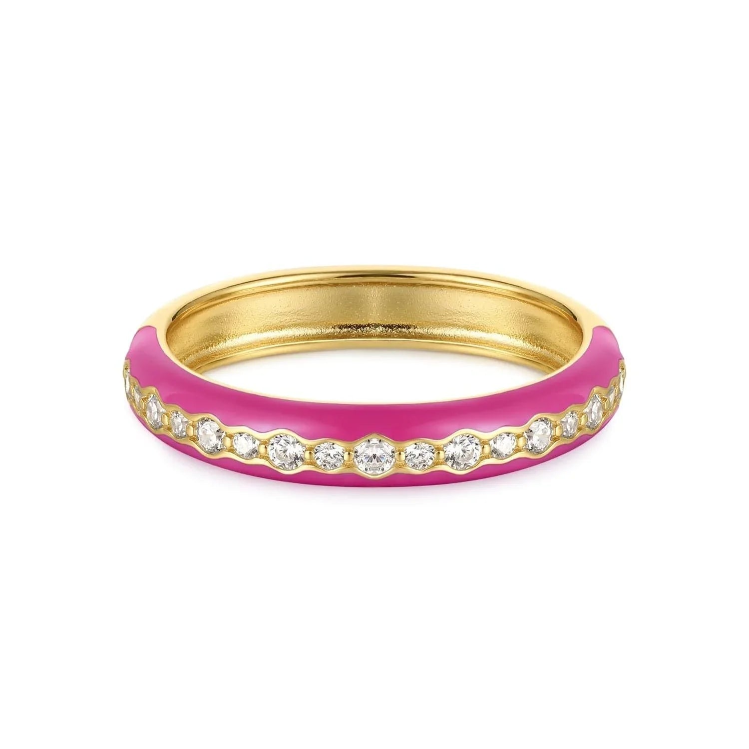 Gold ring with pink enamel and diamonds from Thin Pink Enamel & CZ Channel Ring collection