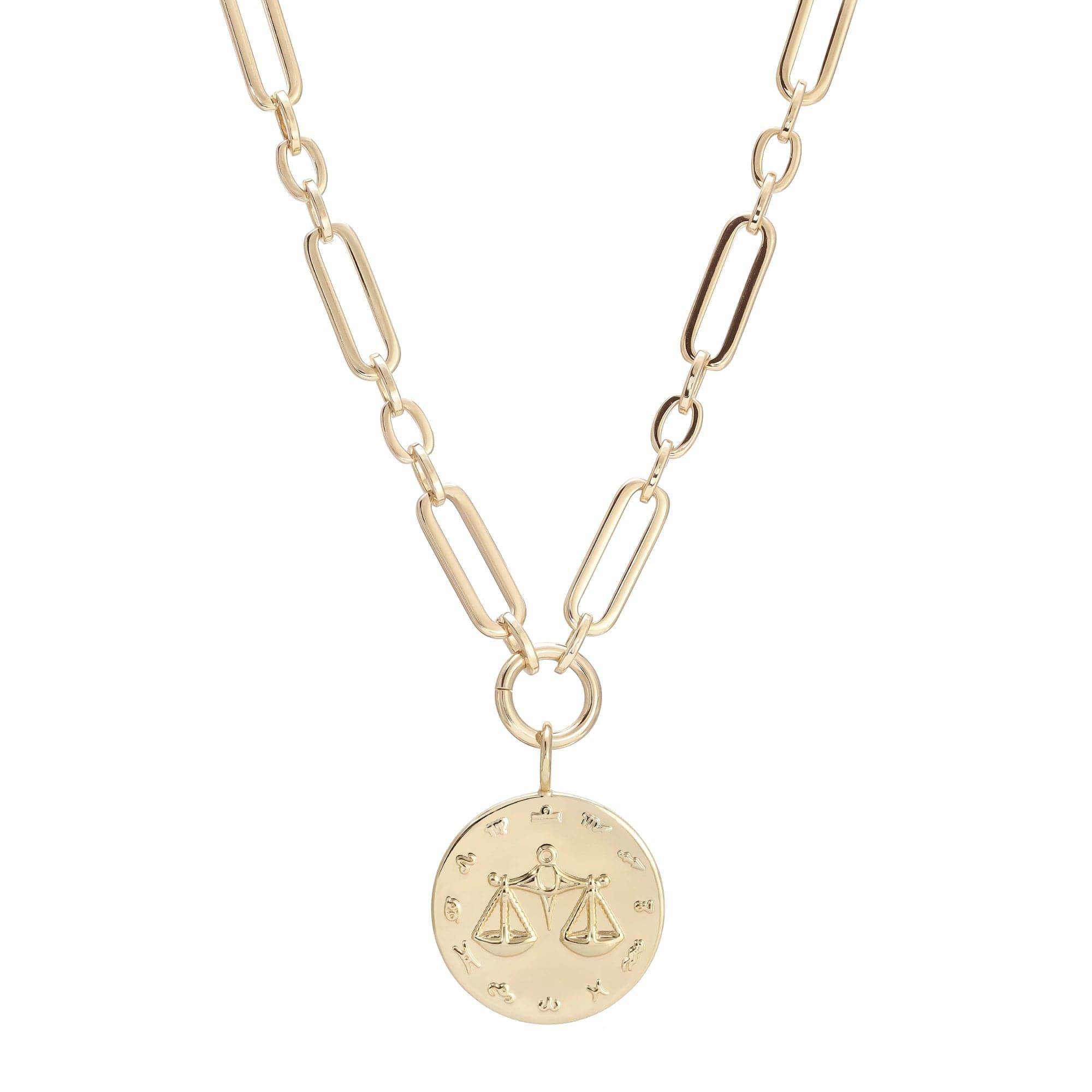 Gold-toned Libra zodiac pendant necklace, perfect for astrology lovers and fashion fans