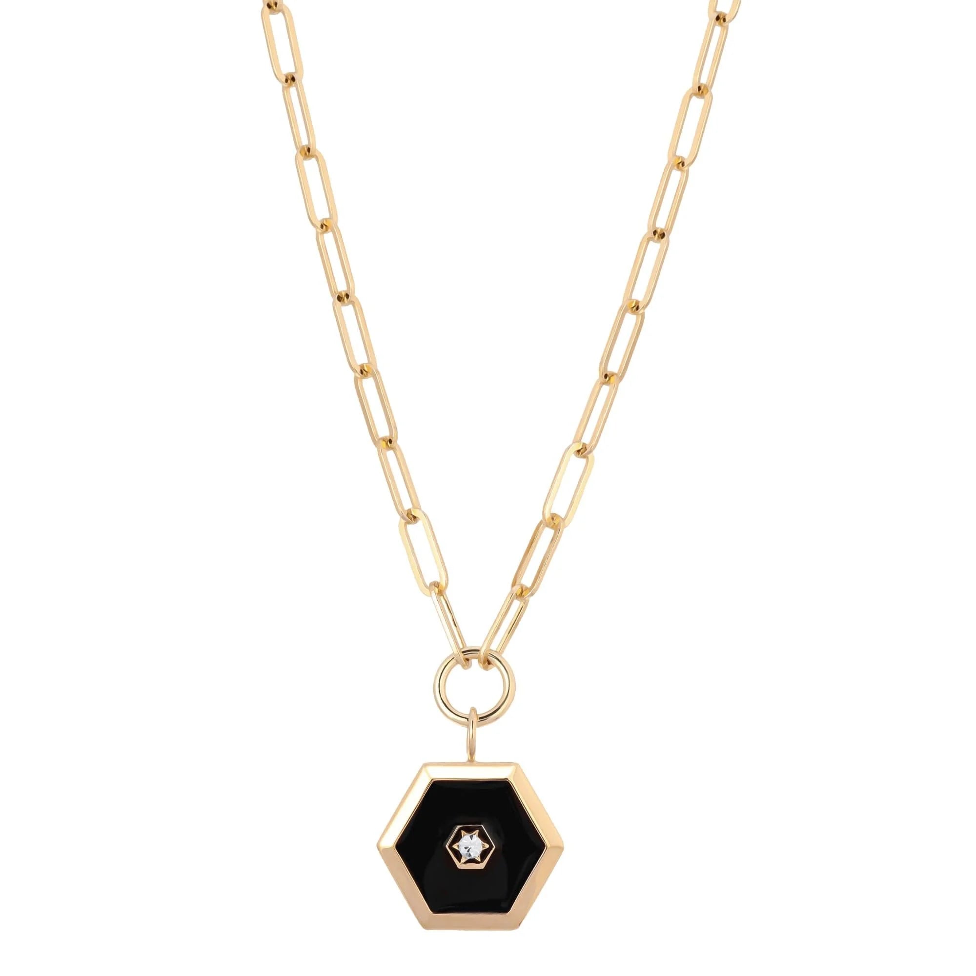 Gold chain necklace with black enamel Ashley pendant and elongated link chain