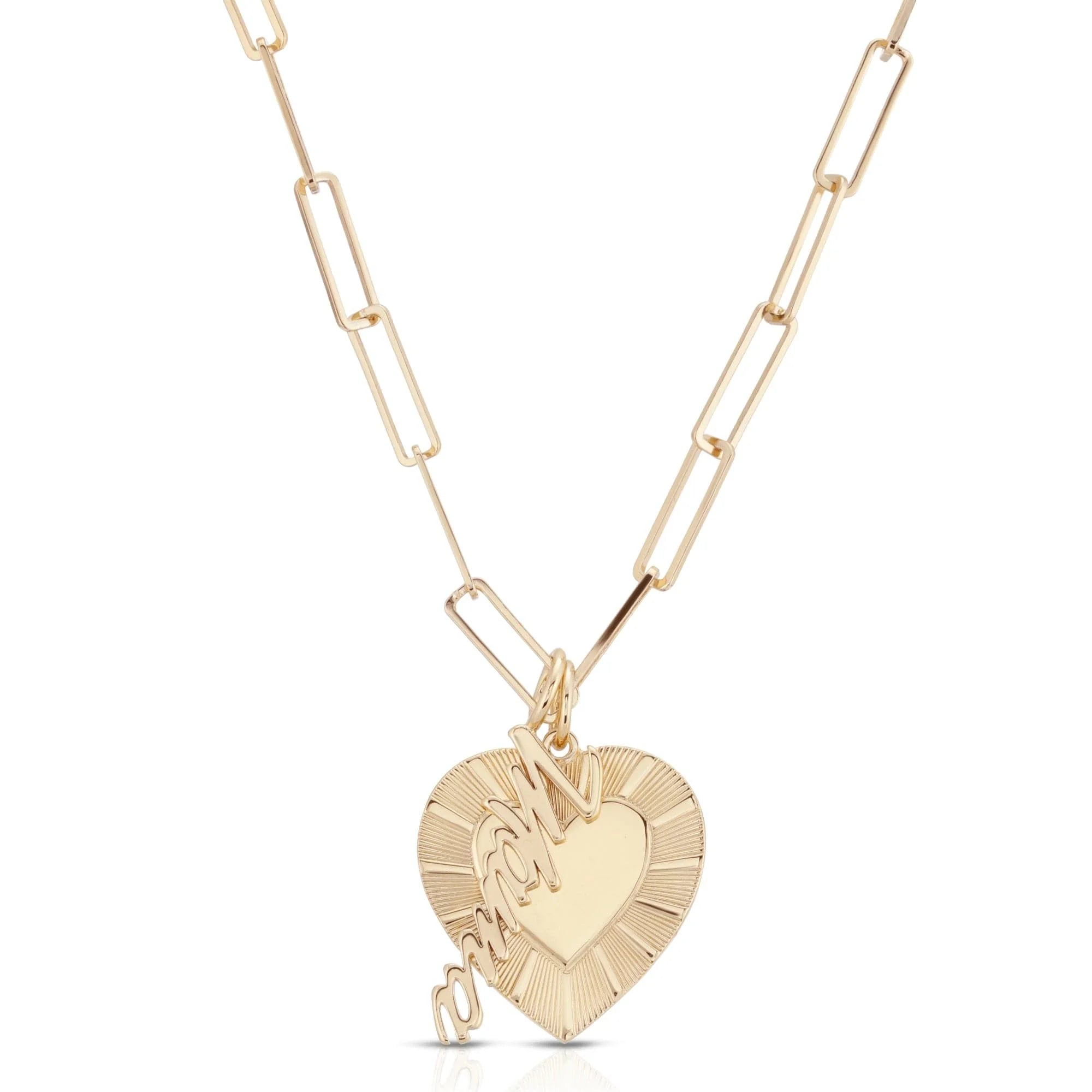 Gold heart pendant necklace on Charli Charm Necklace with rectangle link chain and script pendant Mama