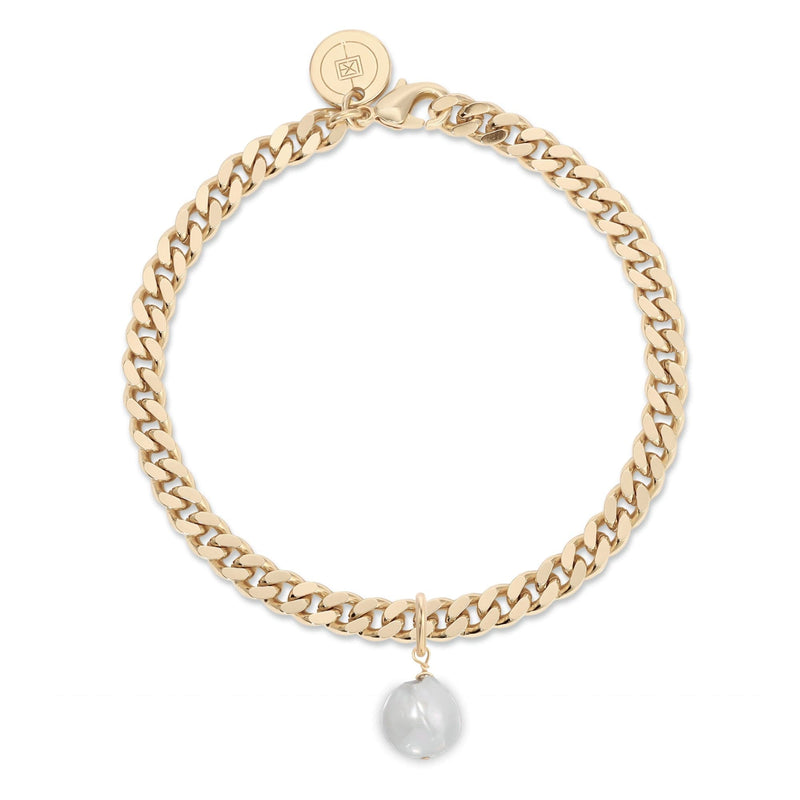 Micro Link Curb Chain With Pearl Charm Bracelet