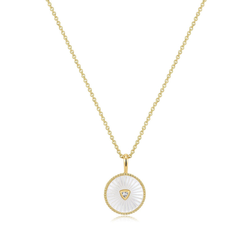 Round Mother Of Pearl Pendant With Cz Center Stone Necklace