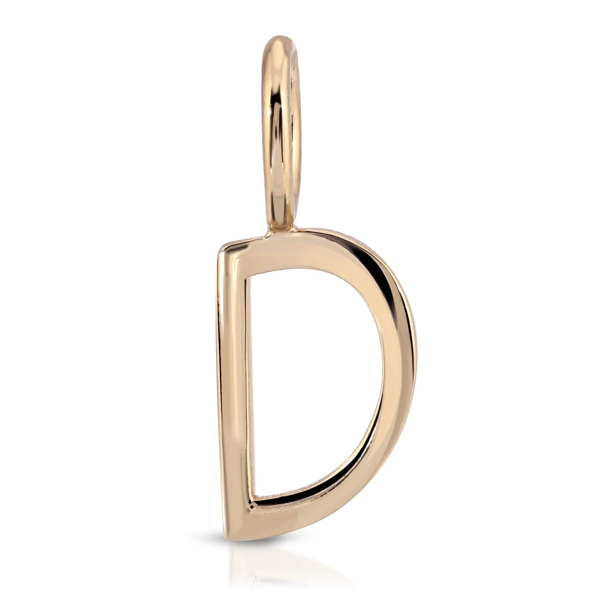 Gold letter D pendant from Essential Letters collection in recycled brass plated with 15mm letter charm