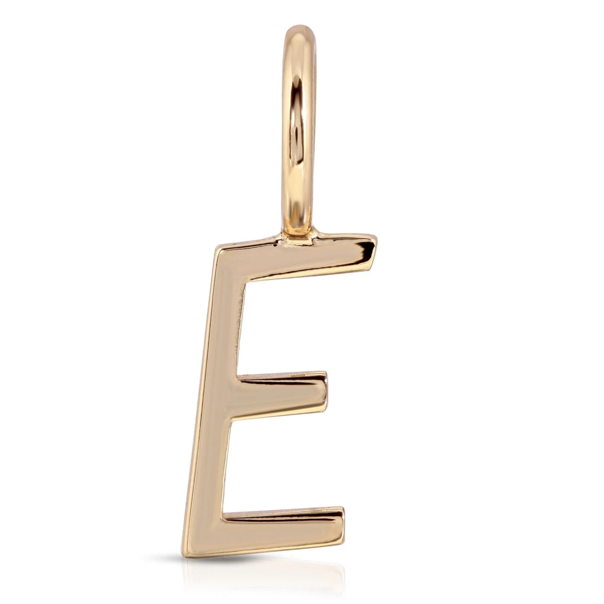 Gold letter E pendant from Essential Letters, recycled brass plated, measures 15mm