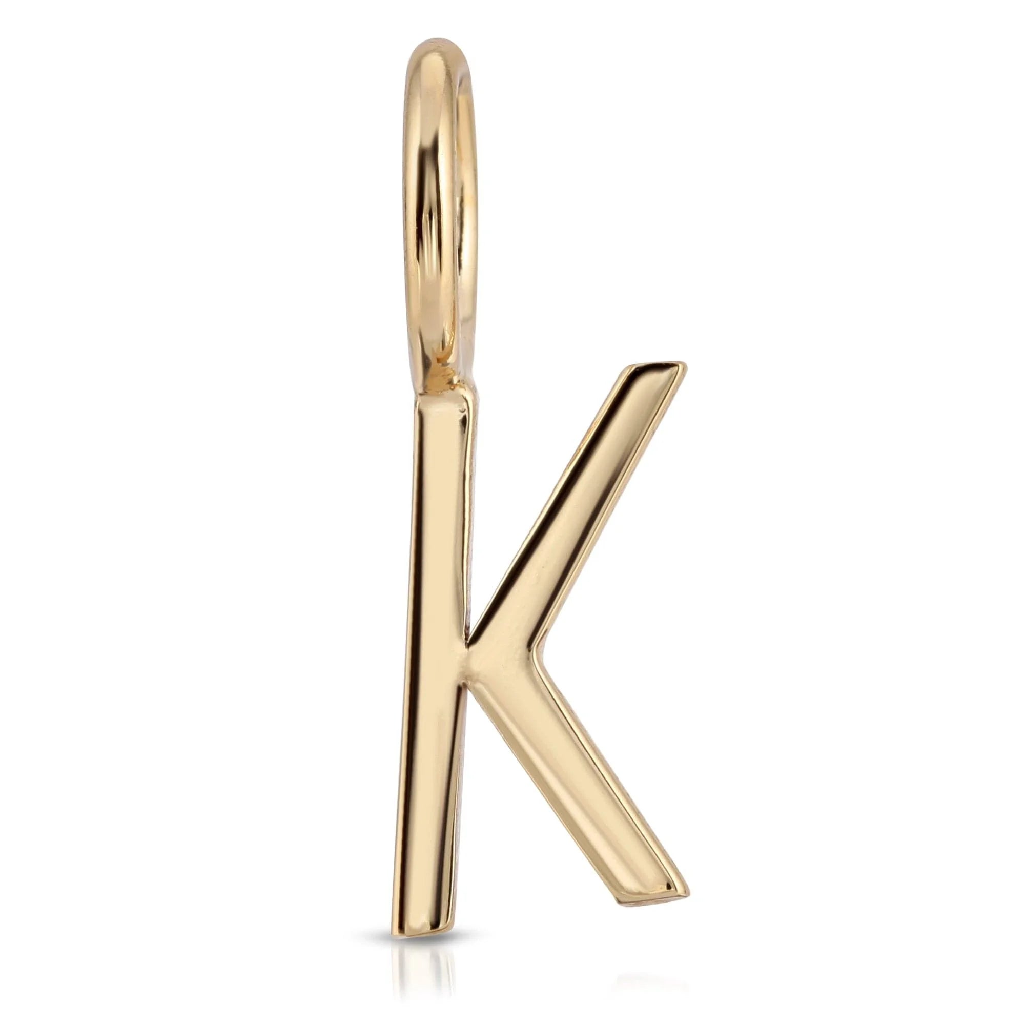 Gold letter K pendant from Essential Letters collection, recycled brass plated, 15mm letter charm