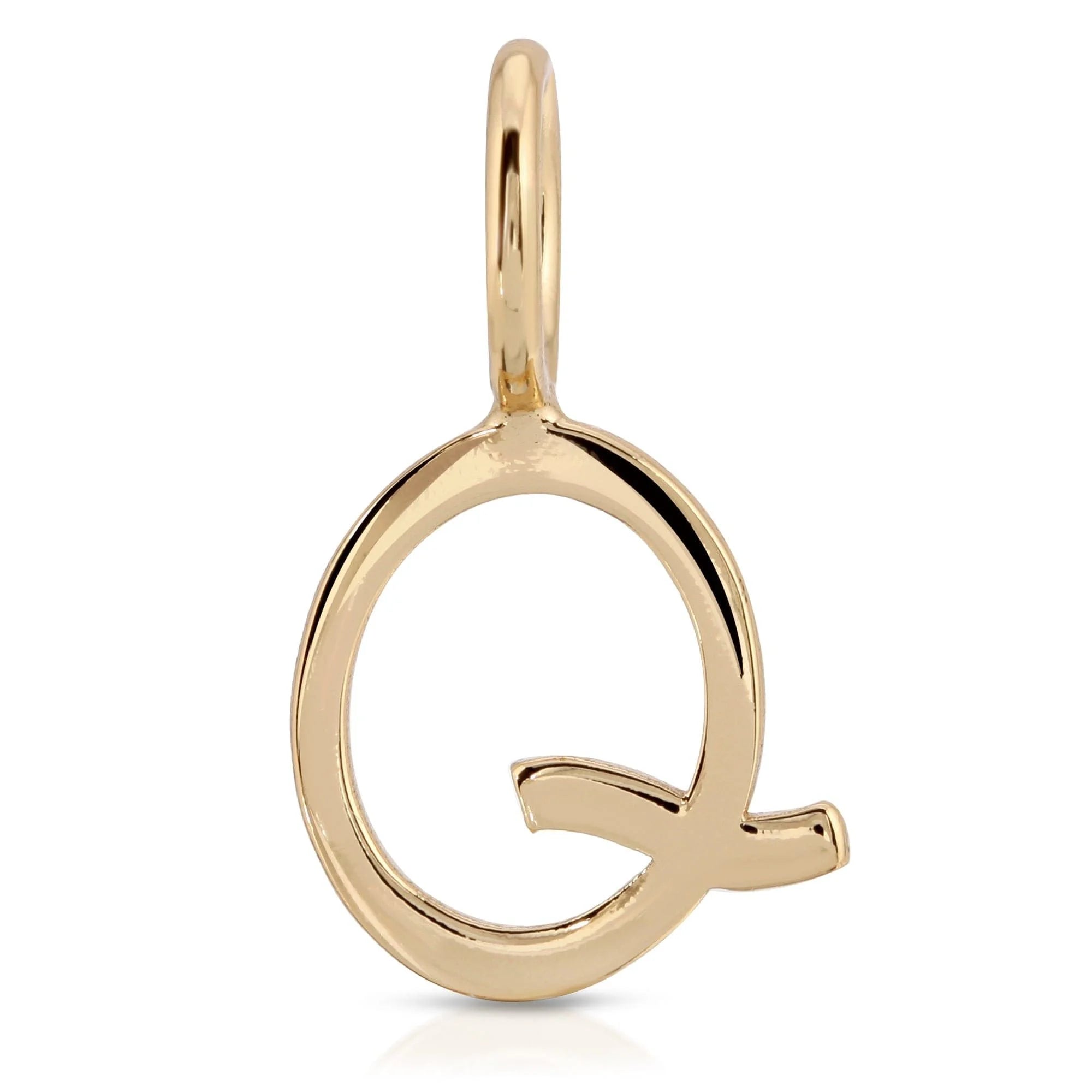 Gold letter Q pendant from Essential Letters, recycled brass plated, 15mm letter charm
