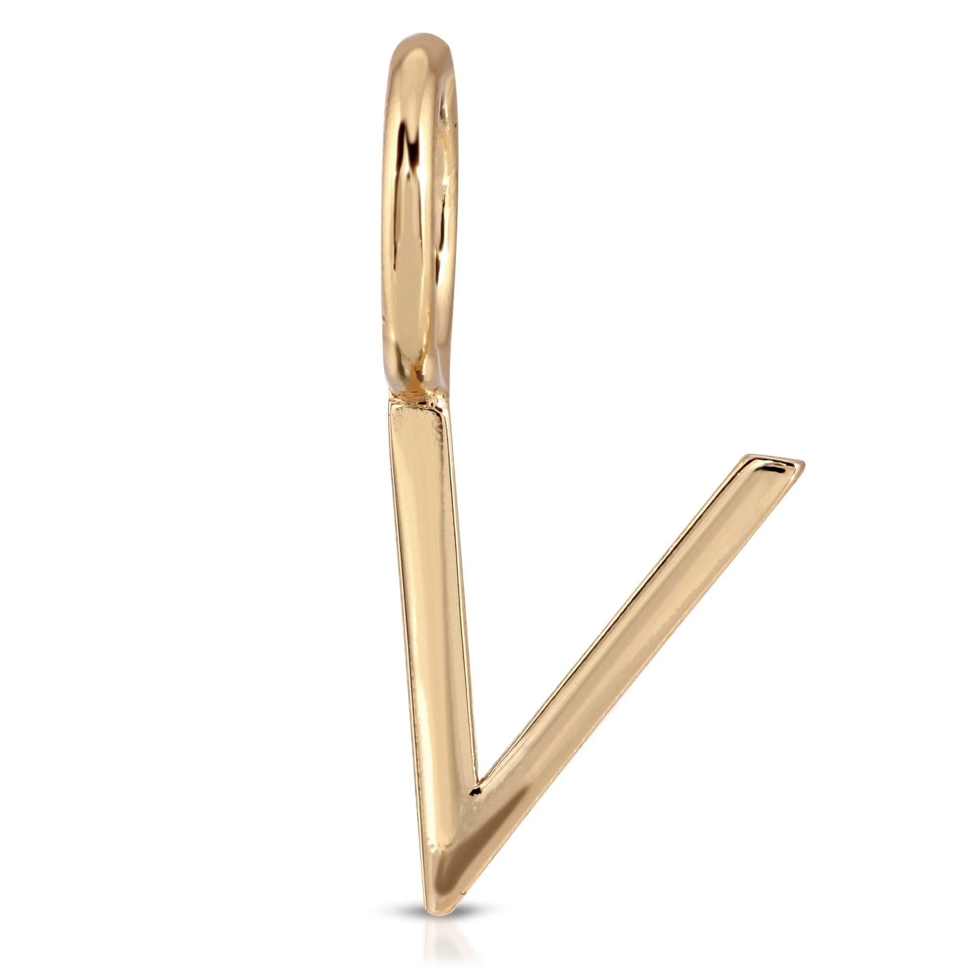Gold letter V pendant from Essential Letters collection featuring recycled brass plated letters measuring 15mm
