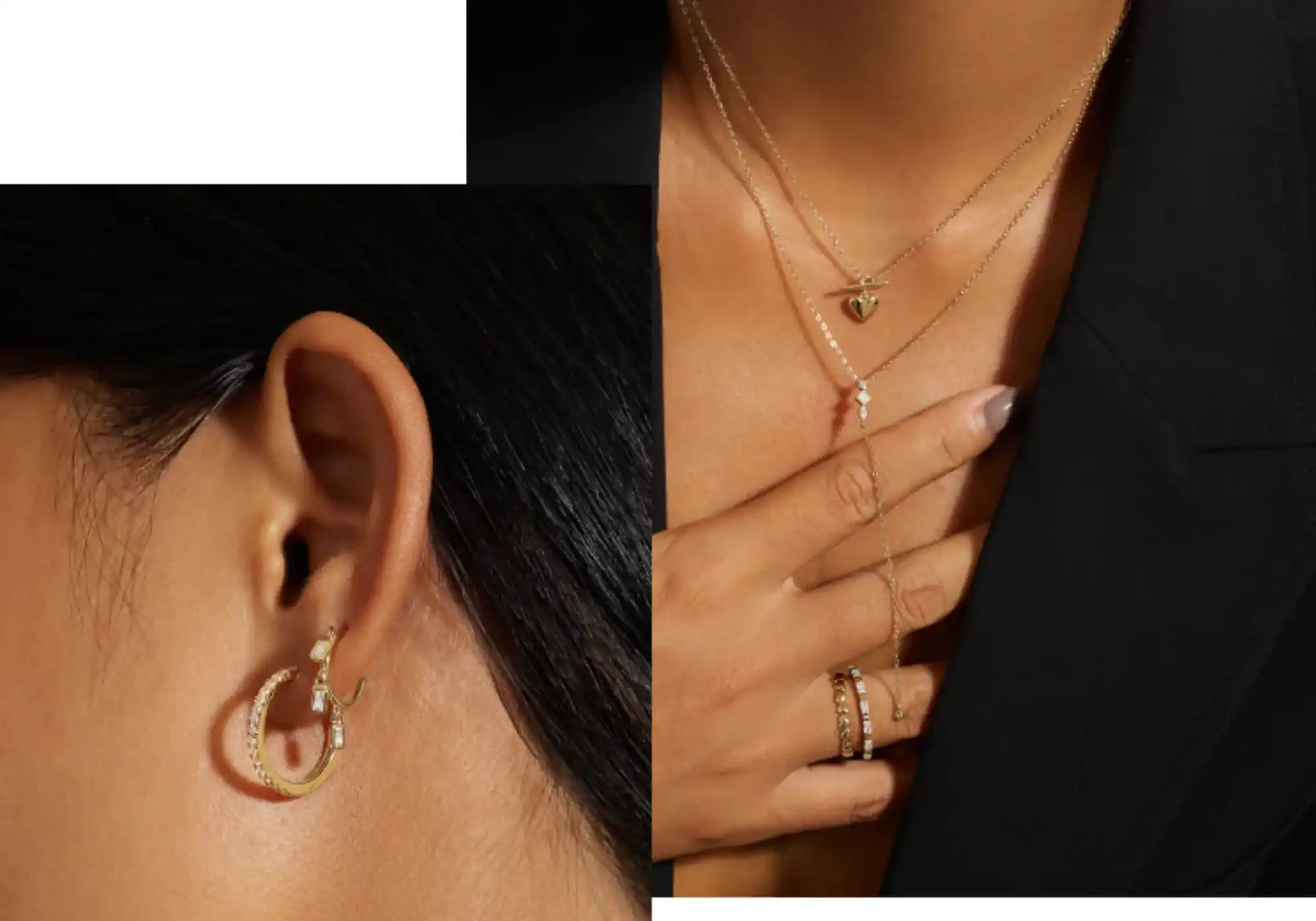Gold hoop earrings, layered necklaces, and rings on a person.