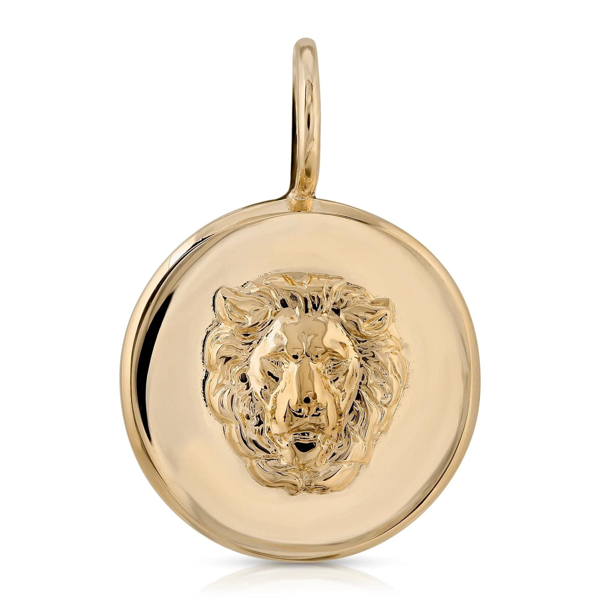 Leni Lion Pendant featuring a gold lion head pendant crafted from recycled brass